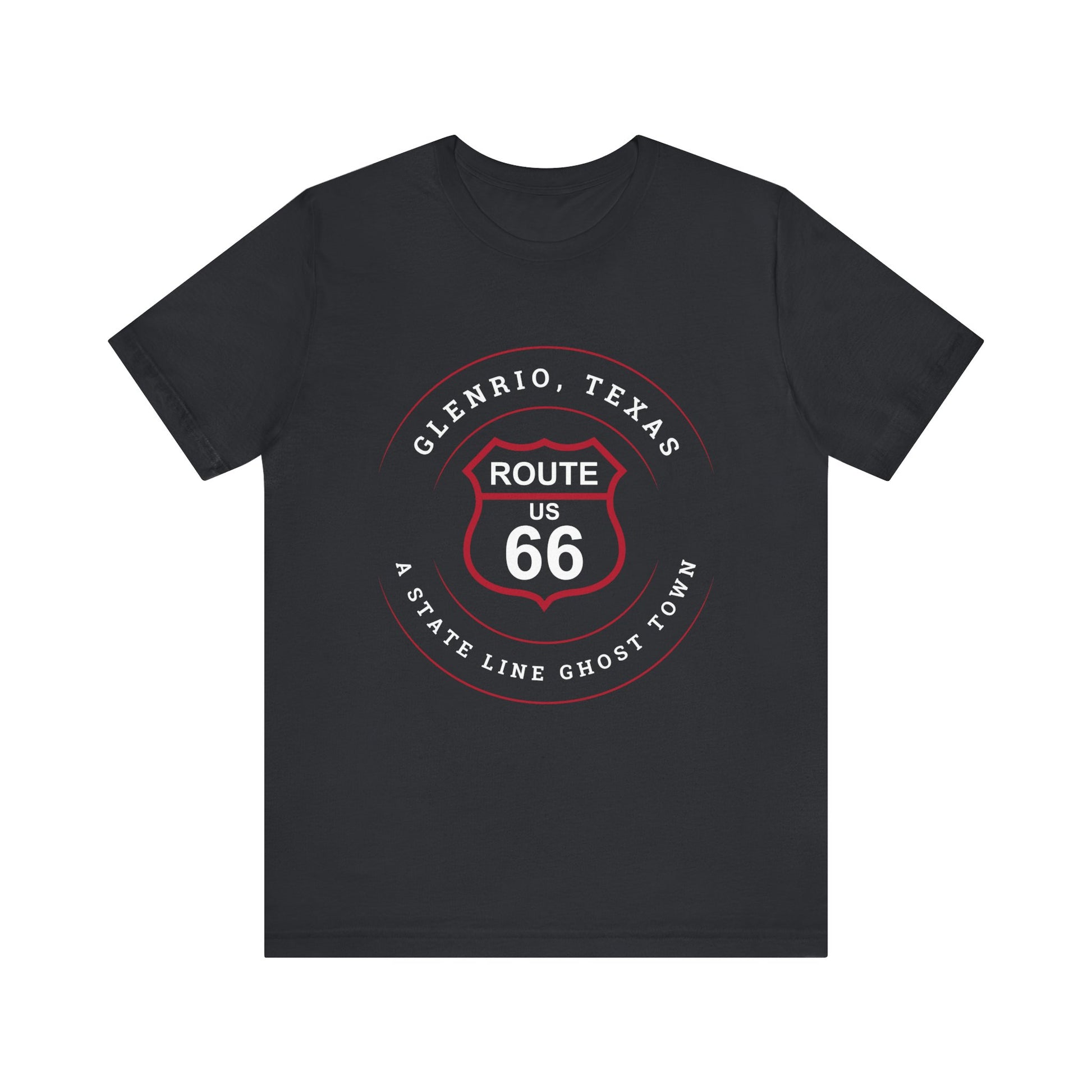 Vintage black retro Route 66 unisex jersey tee with Glenrio, TX: A State Line Ghost Town