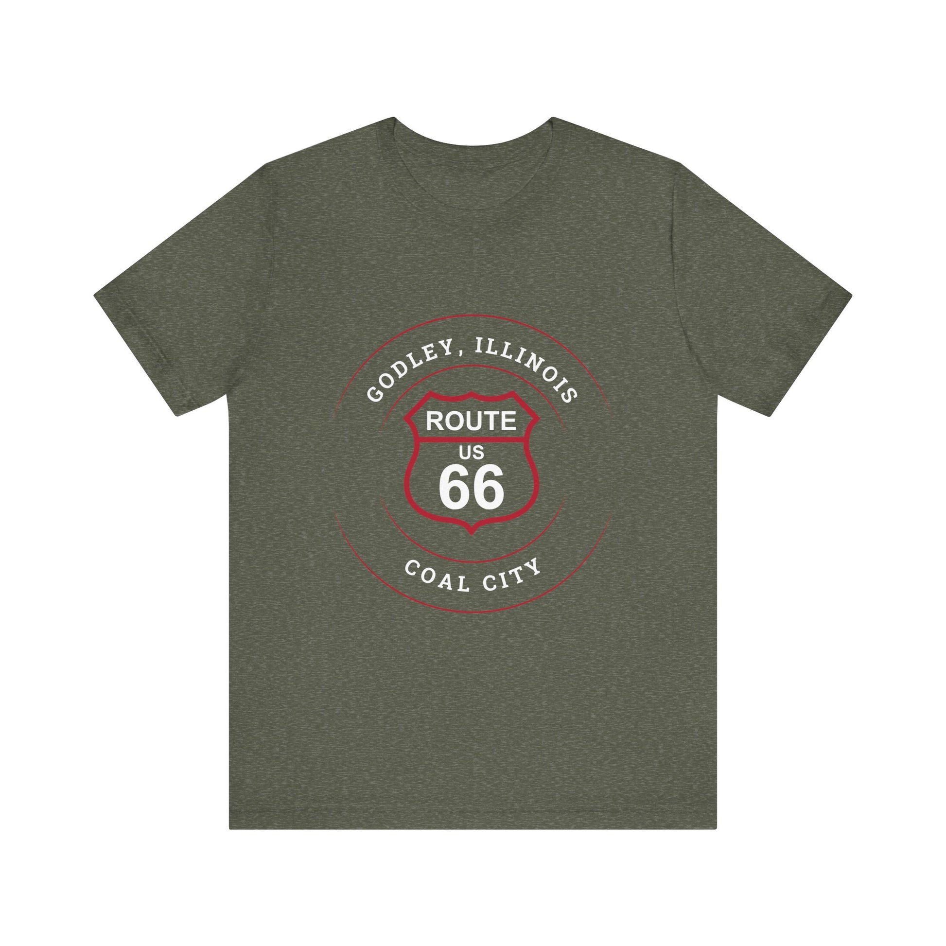 Heather military green retro Route 66 unisex jersey tee with Godley, IL: "Coal City" design