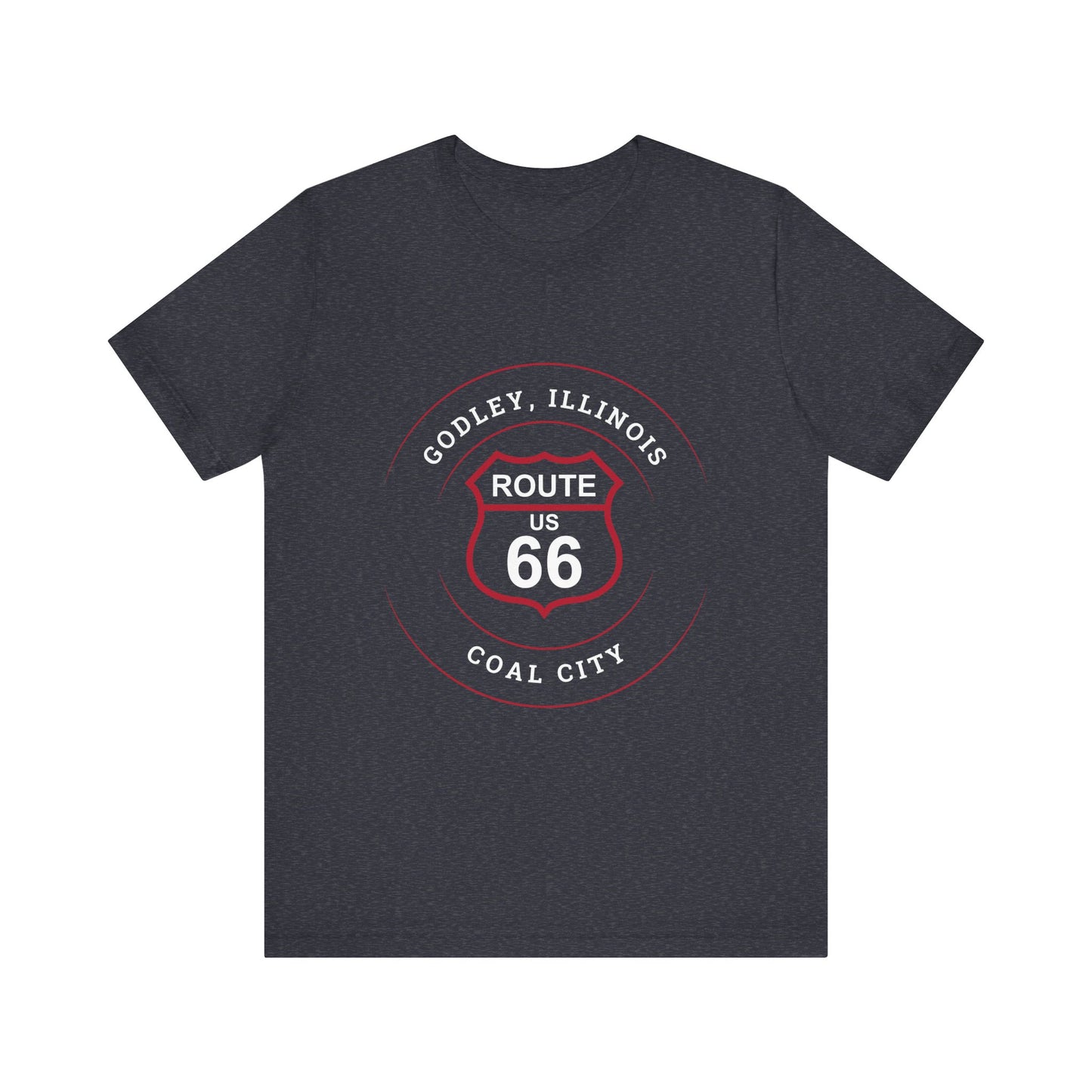Heather navy retro Route 66 unisex jersey tee with Godley, IL: "Coal City" design
