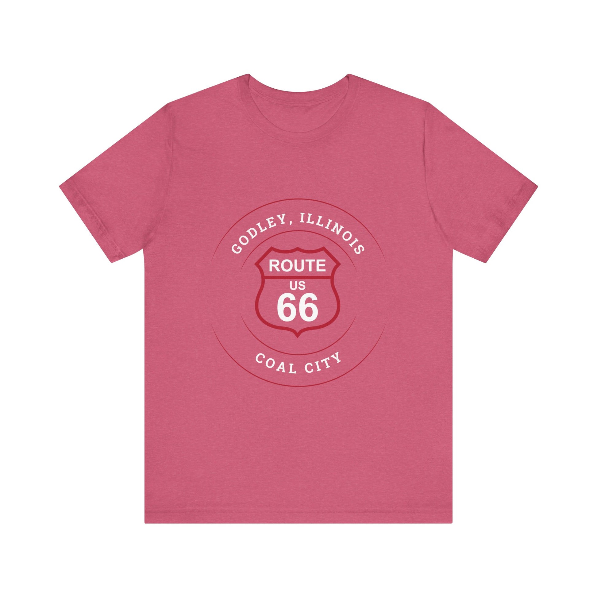 Heather raspberry retro Route 66 unisex jersey tee with Godley, IL: "Coal City" design