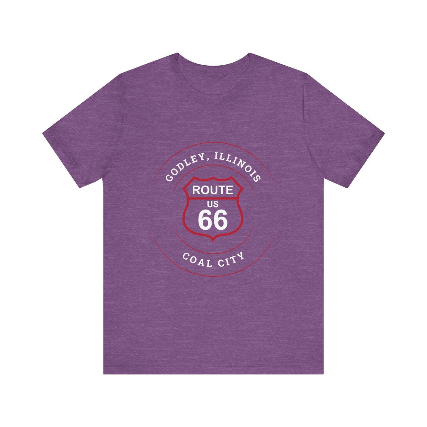 Heather team purple retro Route 66 unisex jersey tee with Godley, IL: "Coal City" design