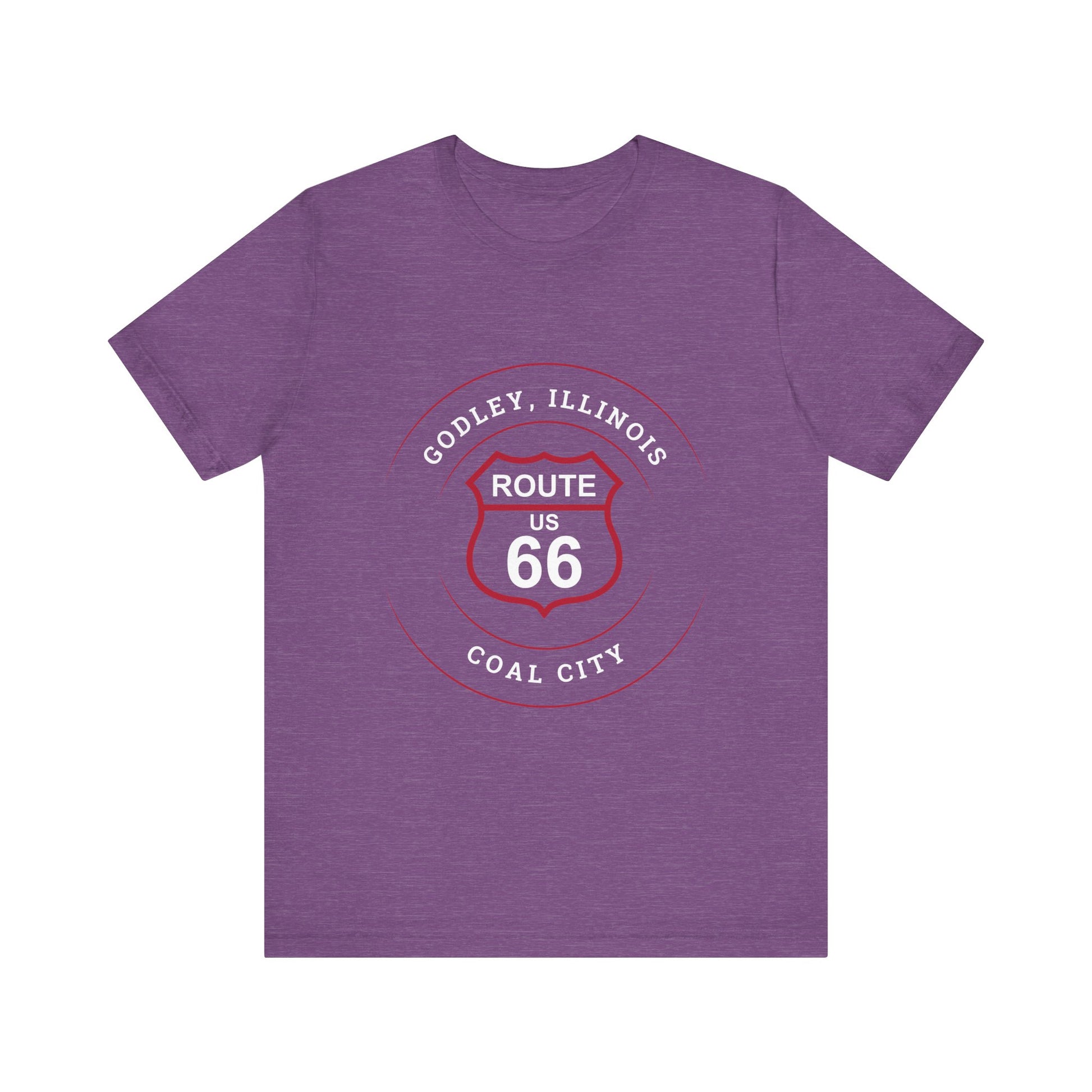 Heather team purple retro Route 66 unisex jersey tee with Godley, IL: "Coal City" design