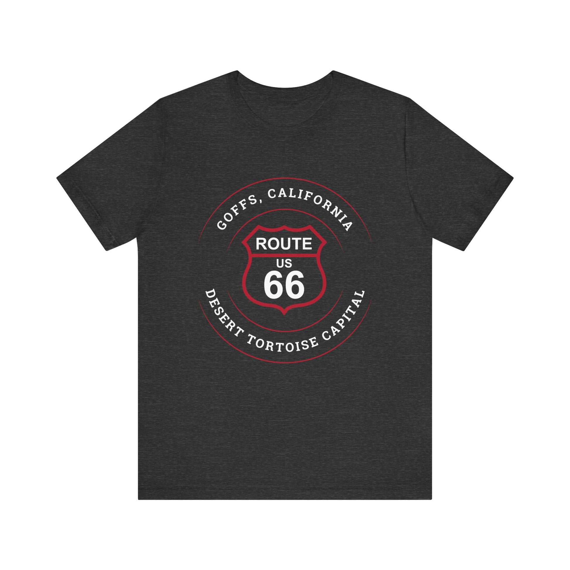 Dark grey heather retro Route 66 unisex jersey tee with Goffs, CA: "Desert Tortoise Capital" design