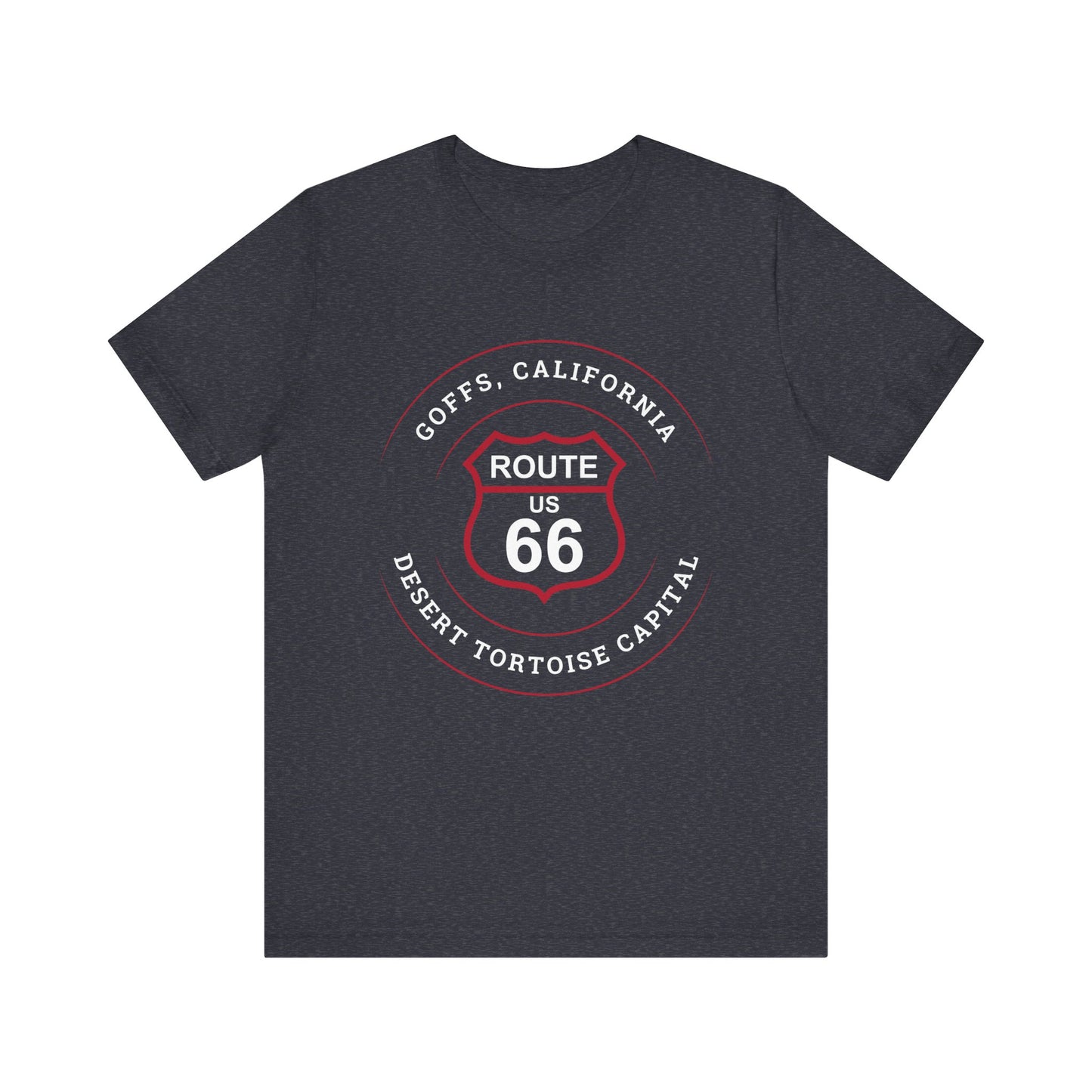 Heather navy retro Route 66 unisex jersey tee with Goffs, CA: "Desert Tortoise Capital" design