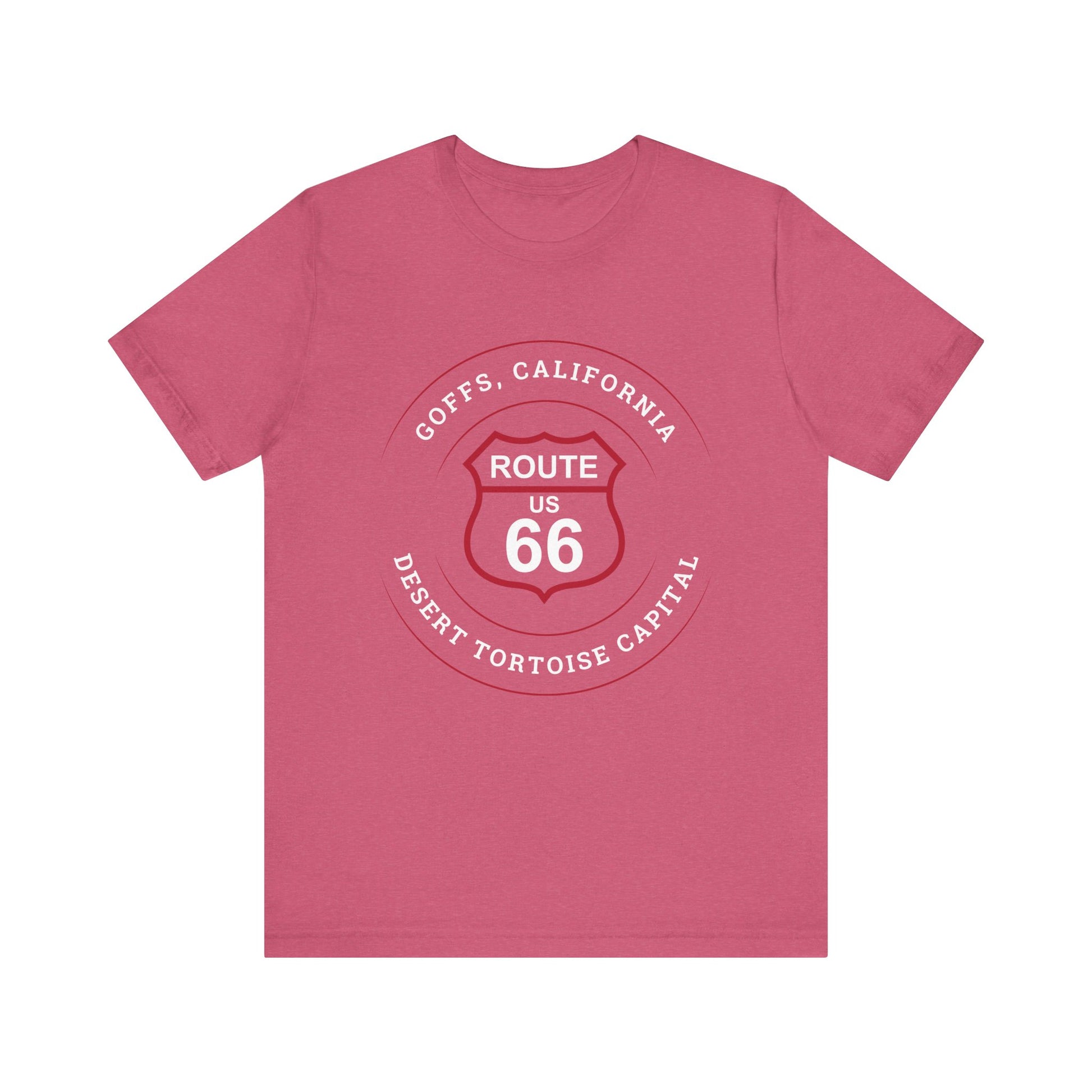 Heather raspberry retro Route 66 unisex jersey tee with Goffs, CA: "Desert Tortoise Capital" design