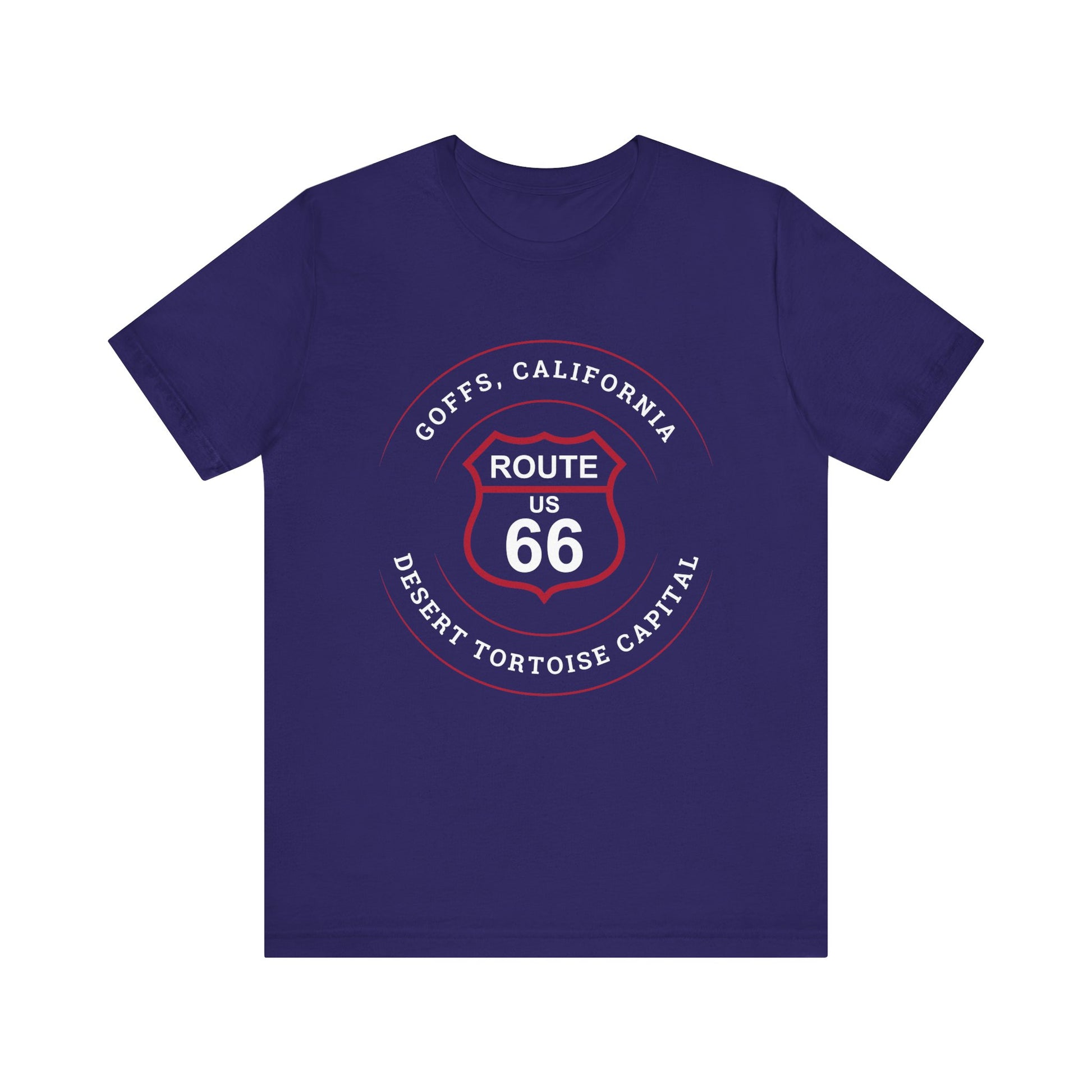 Team navy retro Route 66 unisex jersey tee with Goffs, CA: "Desert Tortoise Capital" design