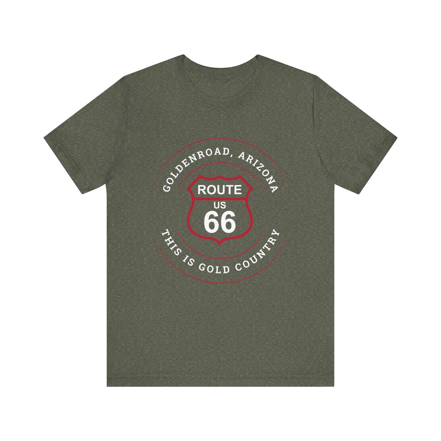 Heather military green retro Route 66 unisex jersey tee with Goldenroad, AZ: "This is Gold Country" design