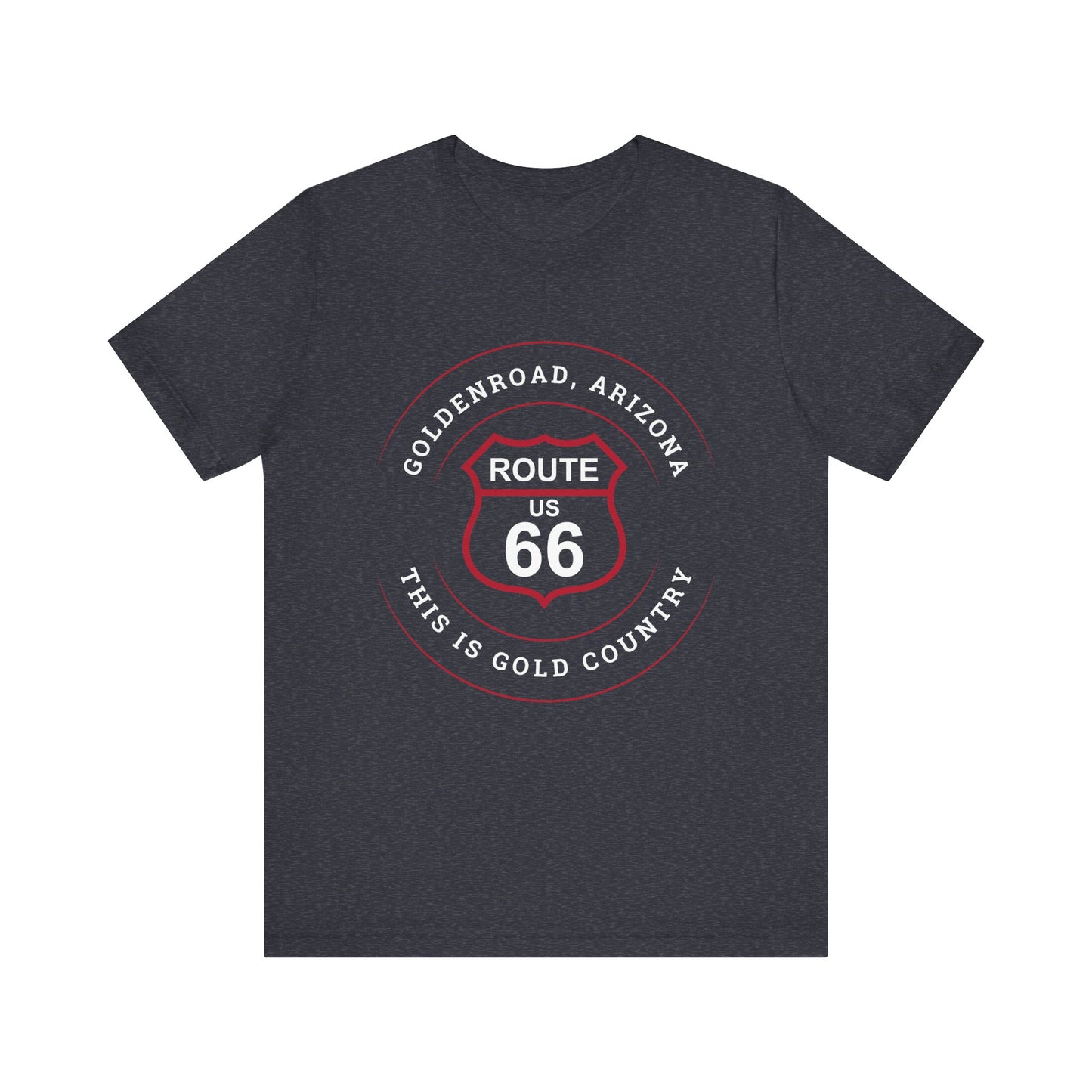 Heather navy retro Route 66 unisex jersey tee with Goldenroad, AZ: "This is Gold Country" design