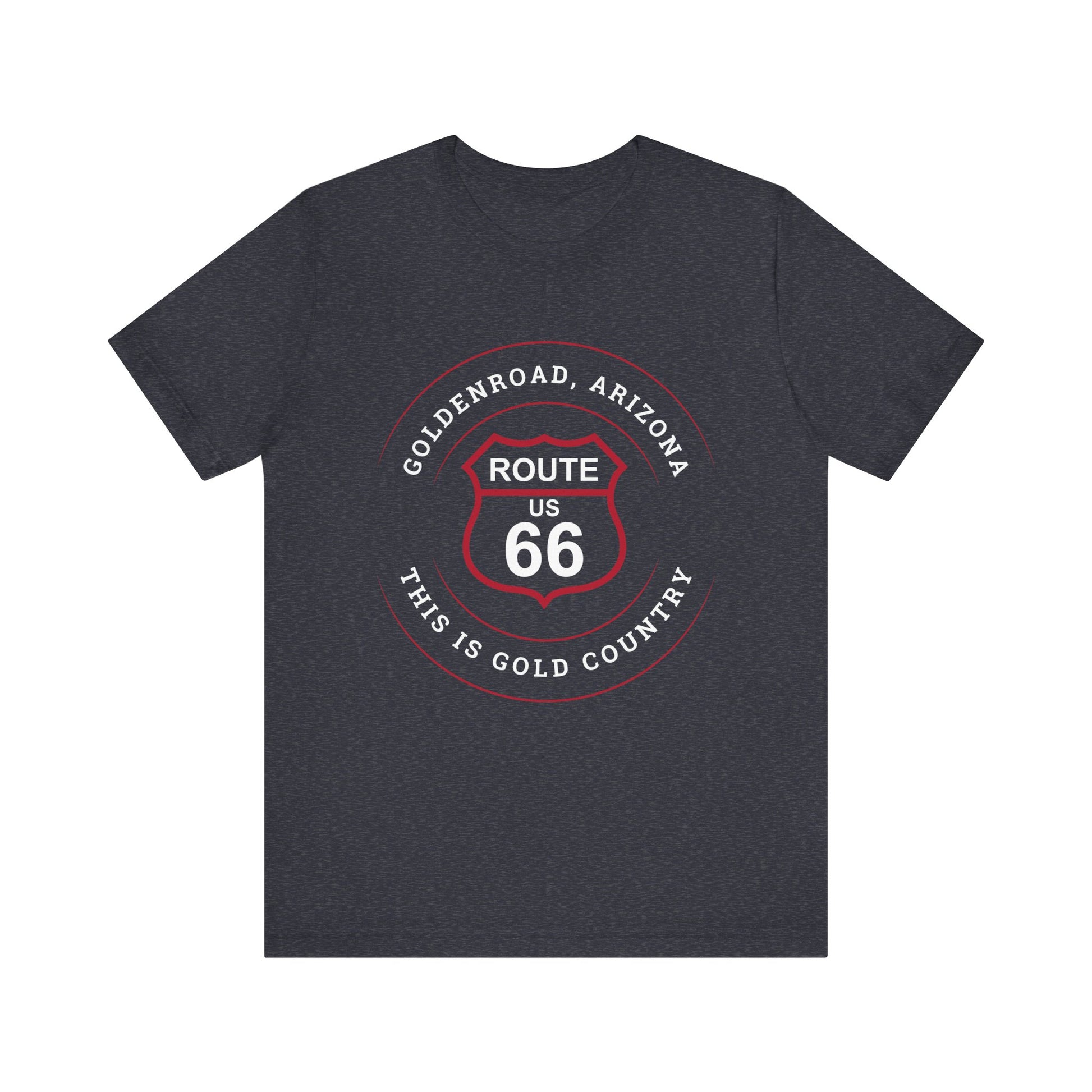 Heather navy retro Route 66 unisex jersey tee with Goldenroad, AZ: "This is Gold Country" design