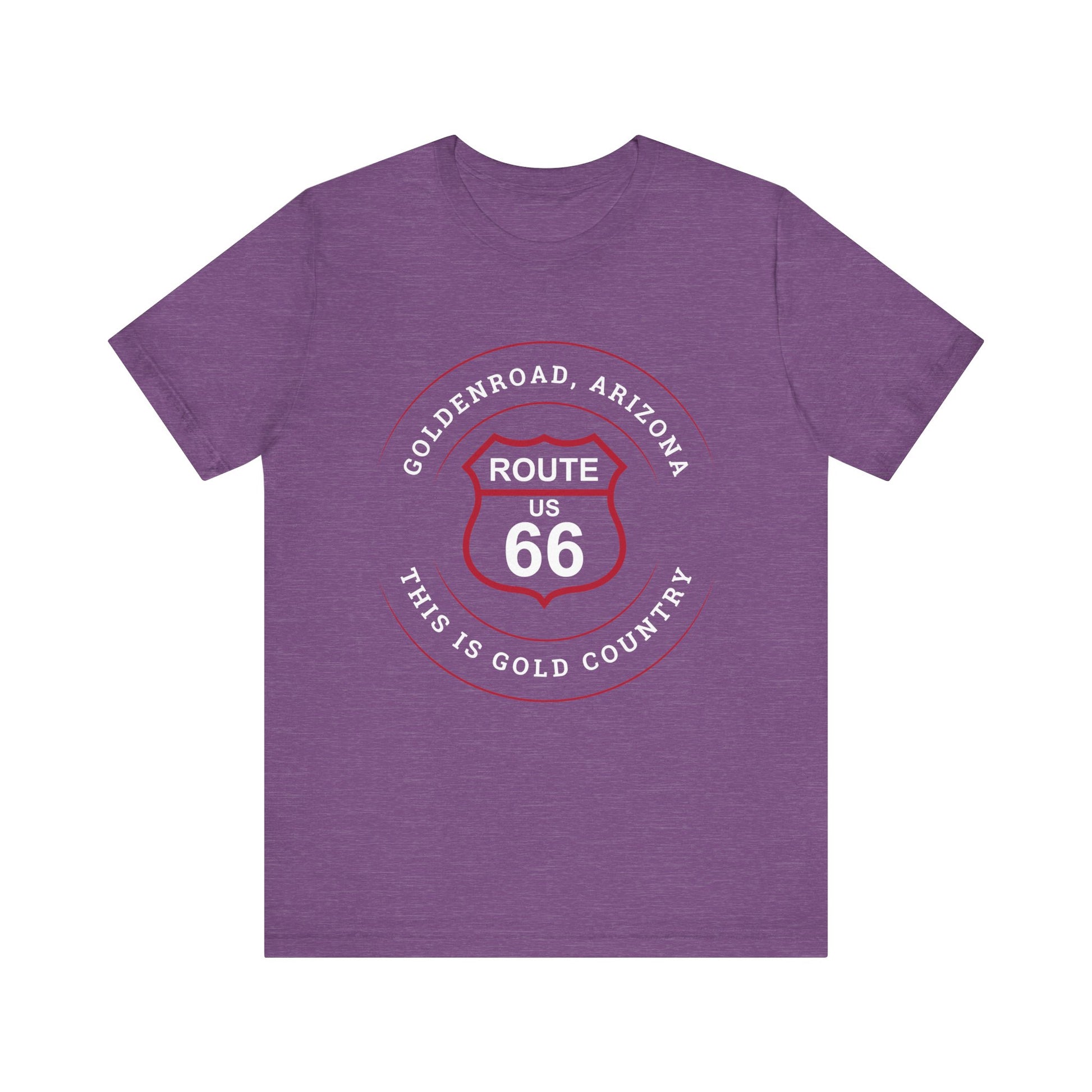 Heather team purple retro Route 66 unisex jersey tee with Goldenroad, AZ: "This is Gold Country" design