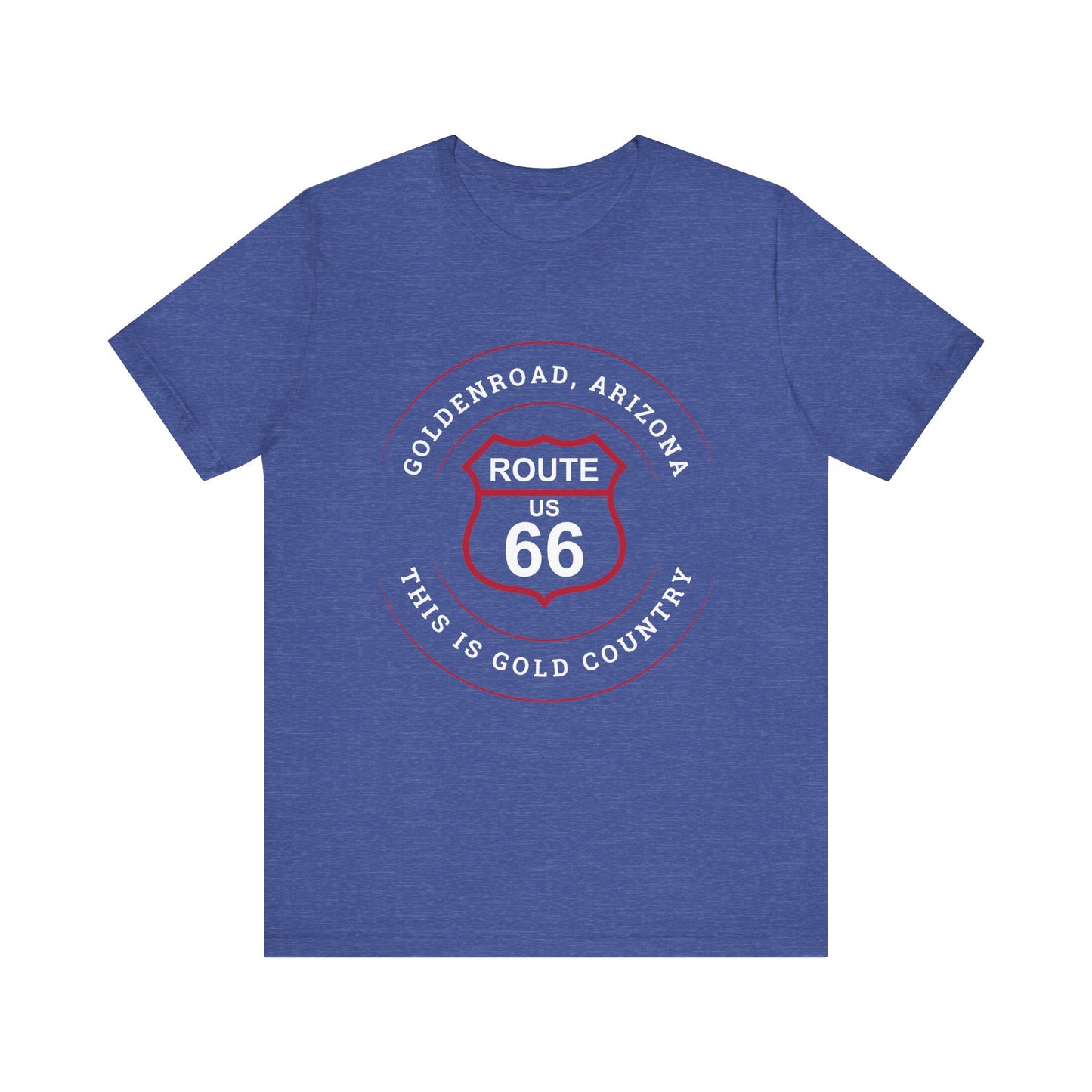 Heather true royal retro Route 66 unisex jersey tee with Goldenroad, AZ: "This is Gold Country" design