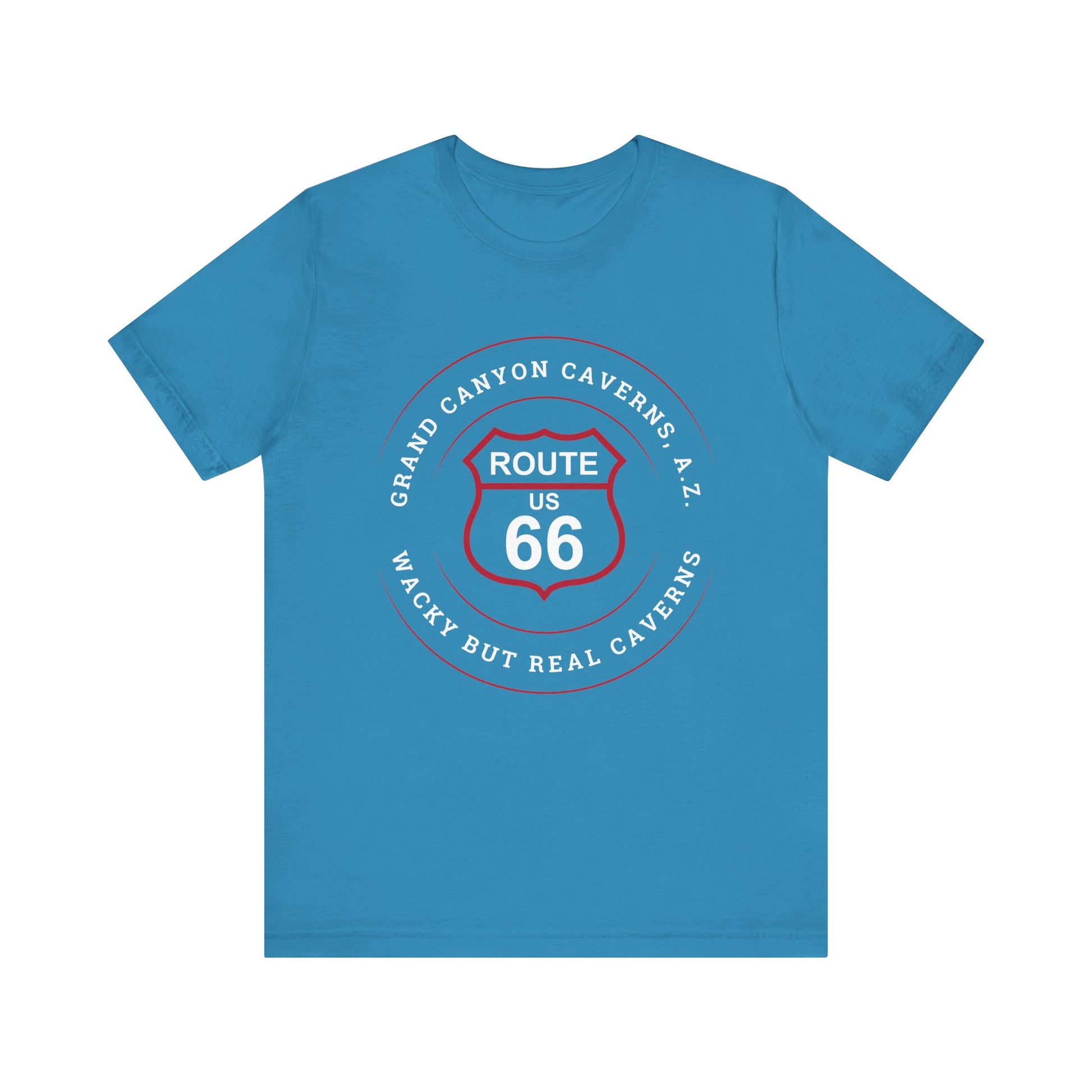 Aqua retro Route 66 unisex jersey tee with Grand Canyon Caverns, AZ: "Wacky But Real" design