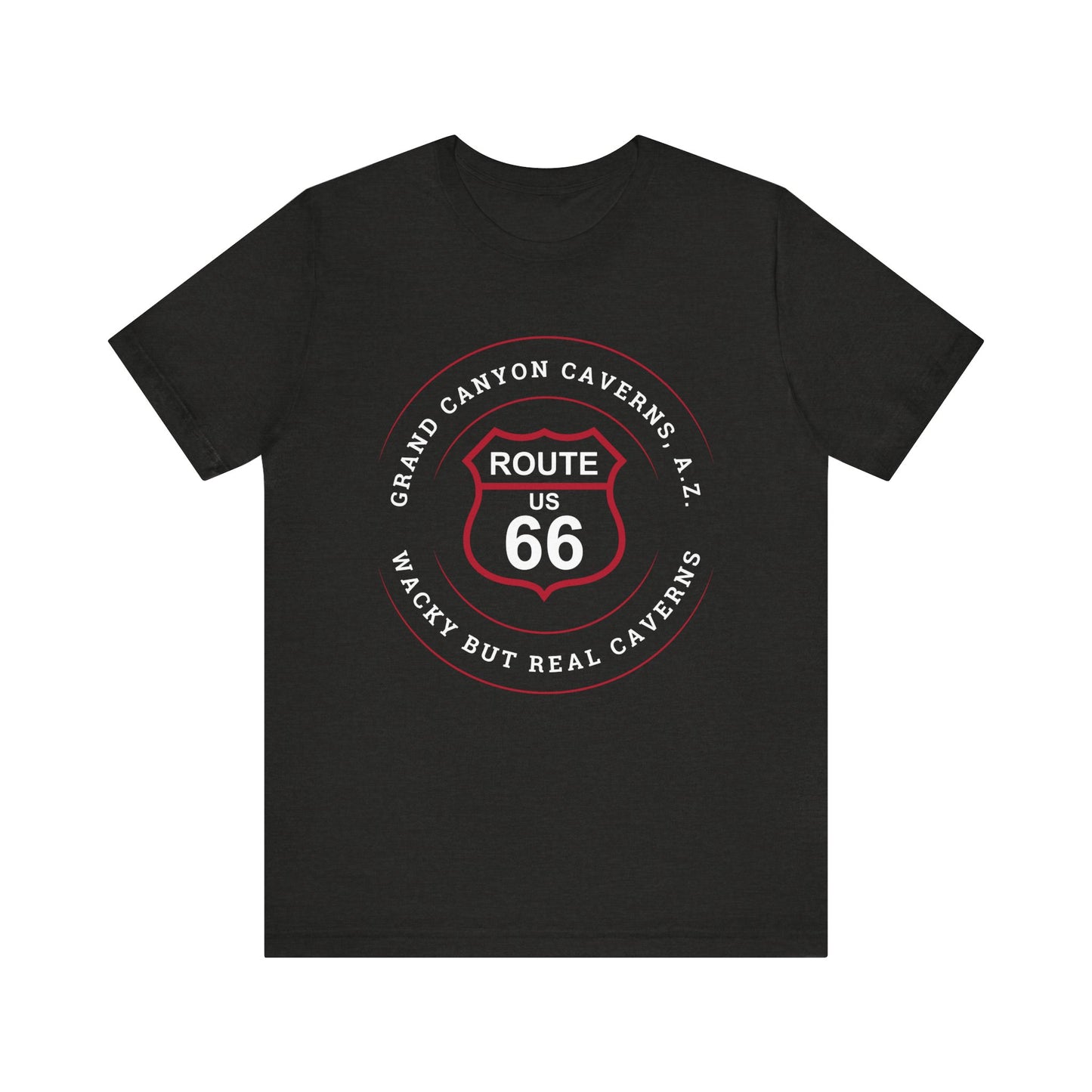 Black heather retro Route 66 unisex jersey tee with Grand Canyon Caverns, AZ: "Wacky But Real" design
