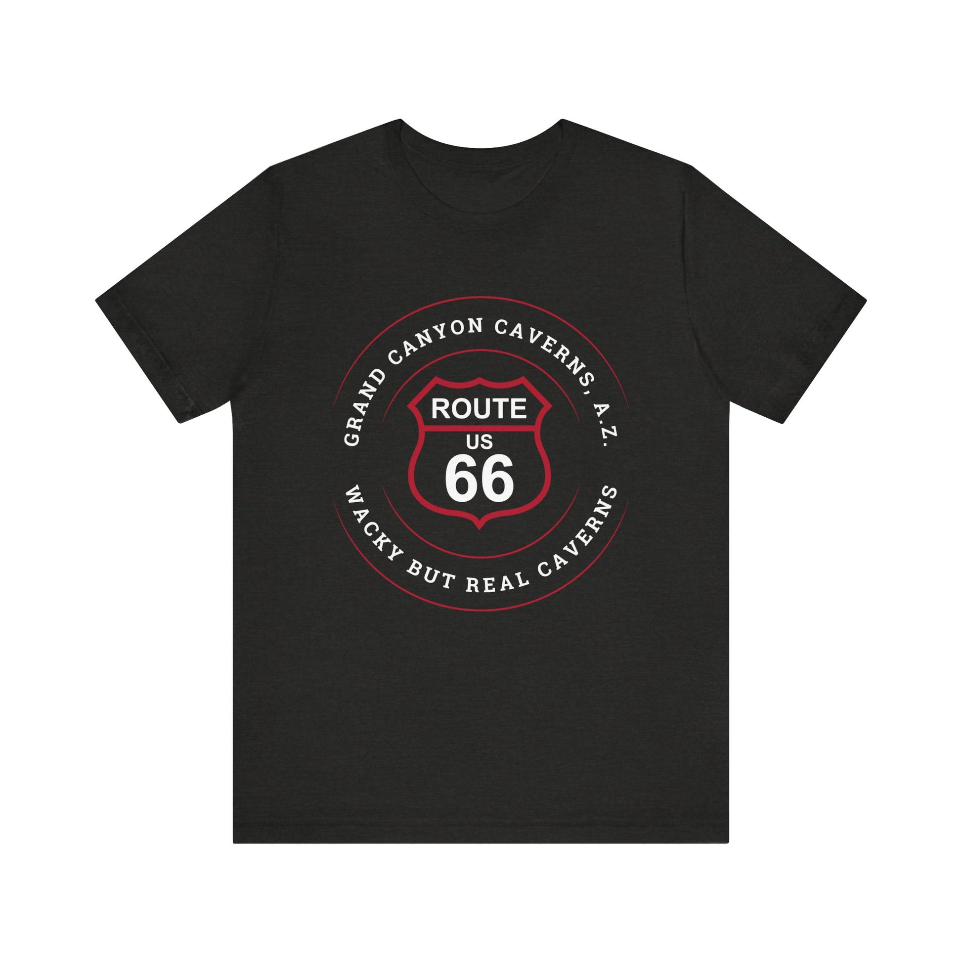 Black heather retro Route 66 unisex jersey tee with Grand Canyon Caverns, AZ: "Wacky But Real" design