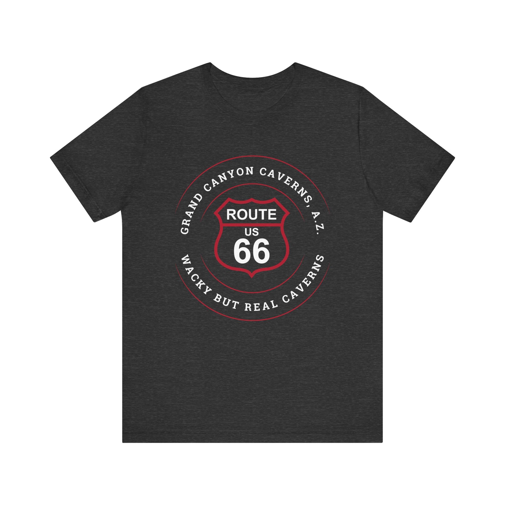 Dark grey heather retro Route 66 unisex jersey tee with Grand Canyon Caverns, AZ: "Wacky But Real" design
