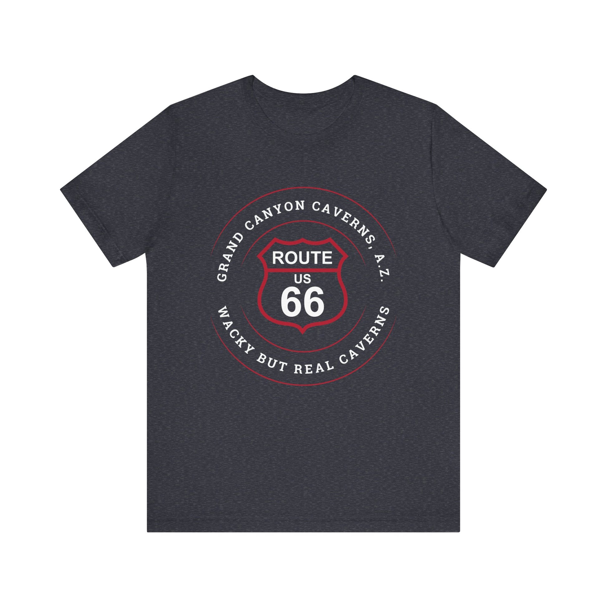 Heather navy retro Route 66 unisex jersey tee with Grand Canyon Caverns, AZ: "Wacky But Real" design