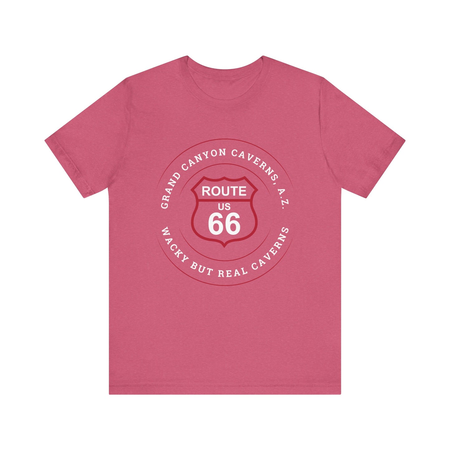 Heather raspberry retro Route 66 unisex jersey tee with Grand Canyon Caverns, AZ: "Wacky But Real" design