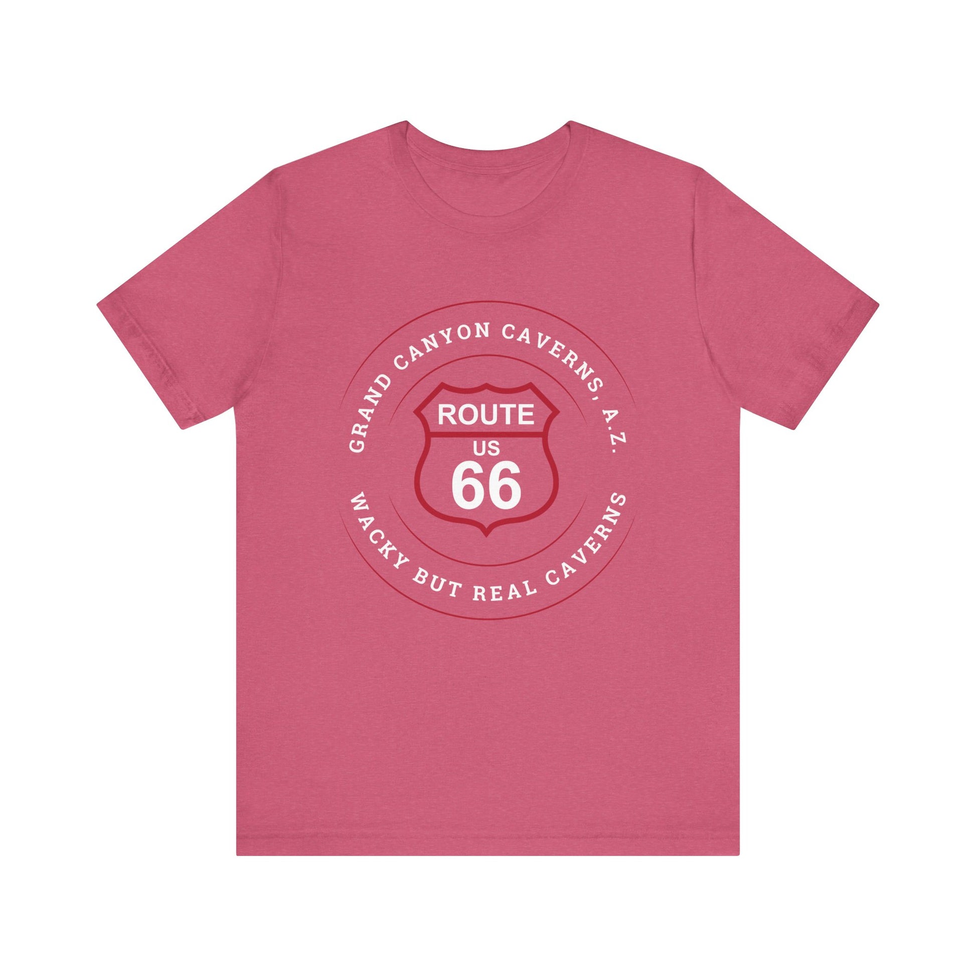 Heather raspberry retro Route 66 unisex jersey tee with Grand Canyon Caverns, AZ: "Wacky But Real" design