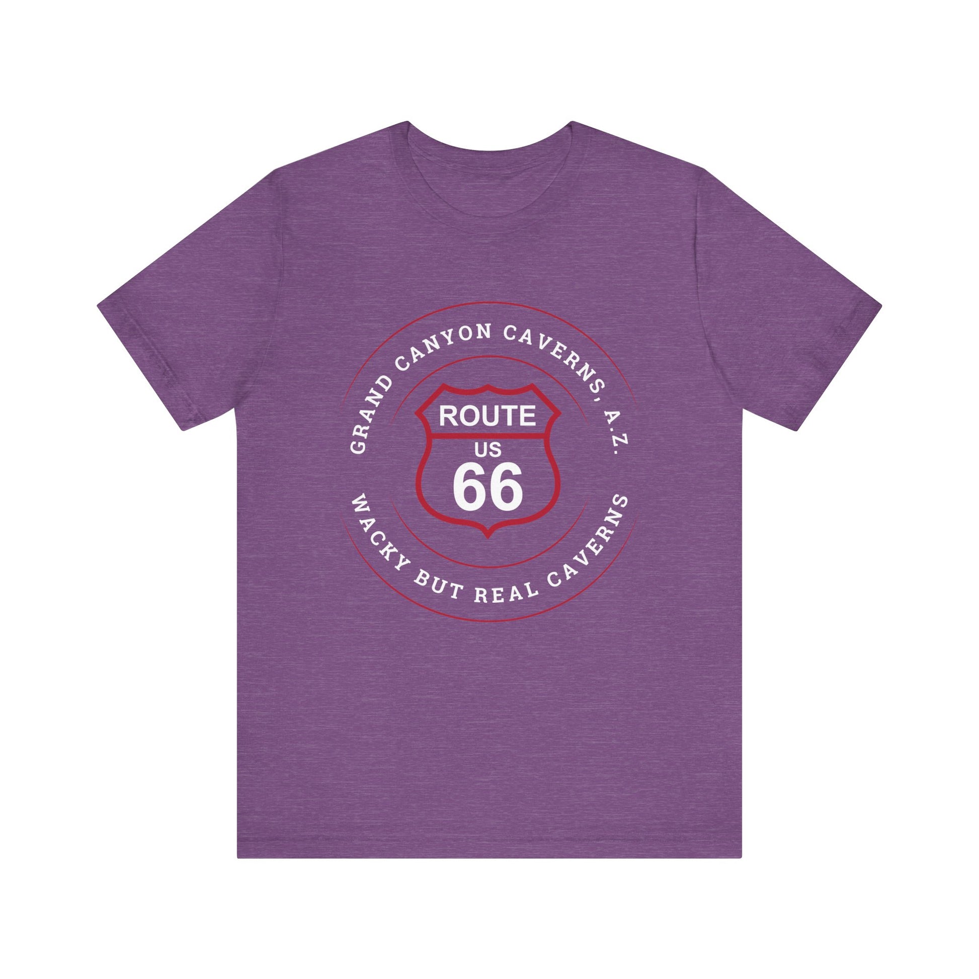 Heather team purple retro Route 66 unisex jersey tee with Grand Canyon Caverns, AZ: "Wacky But Real" design