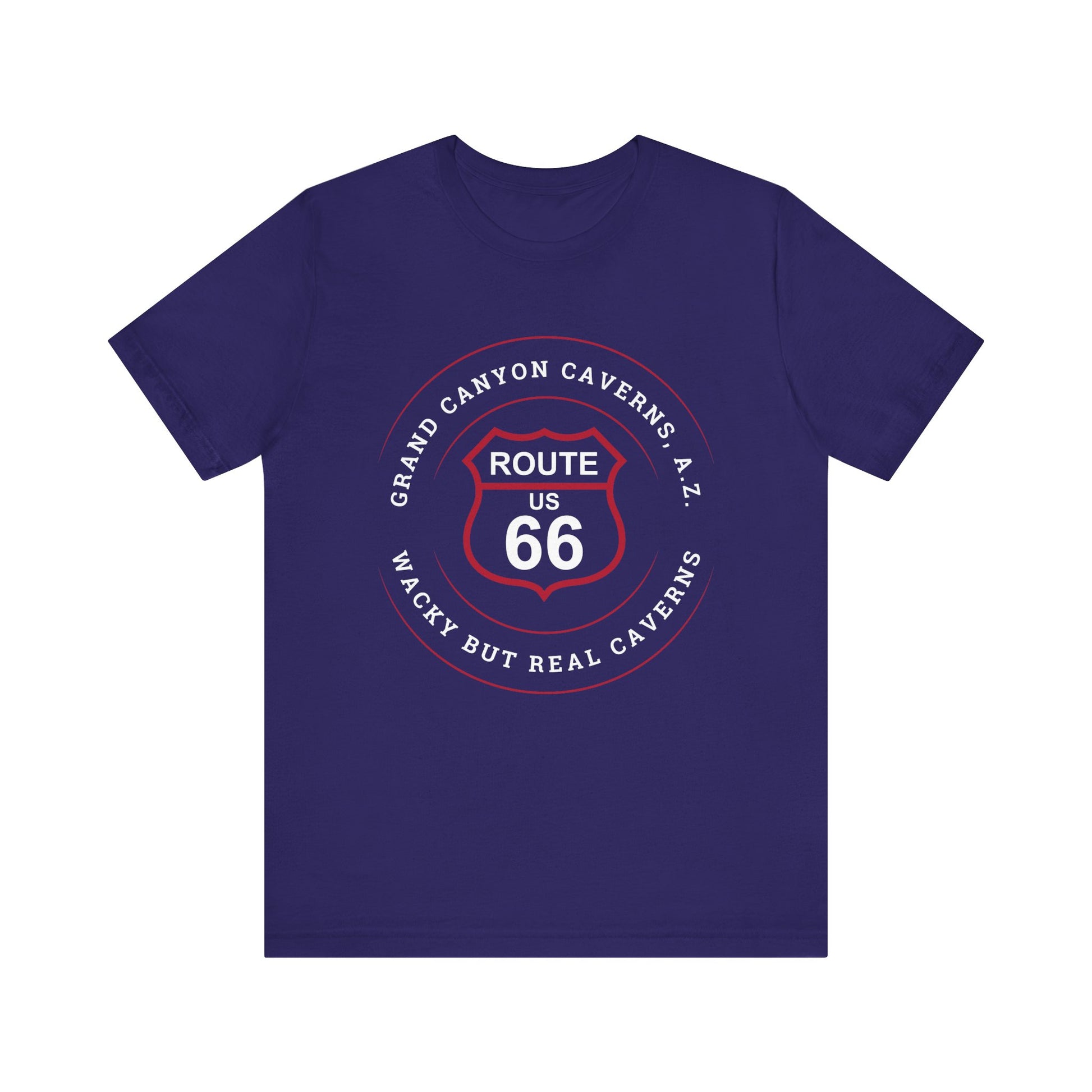 Team navy retro Route 66 unisex jersey tee with Grand Canyon Caverns, AZ: "Wacky But Real" design