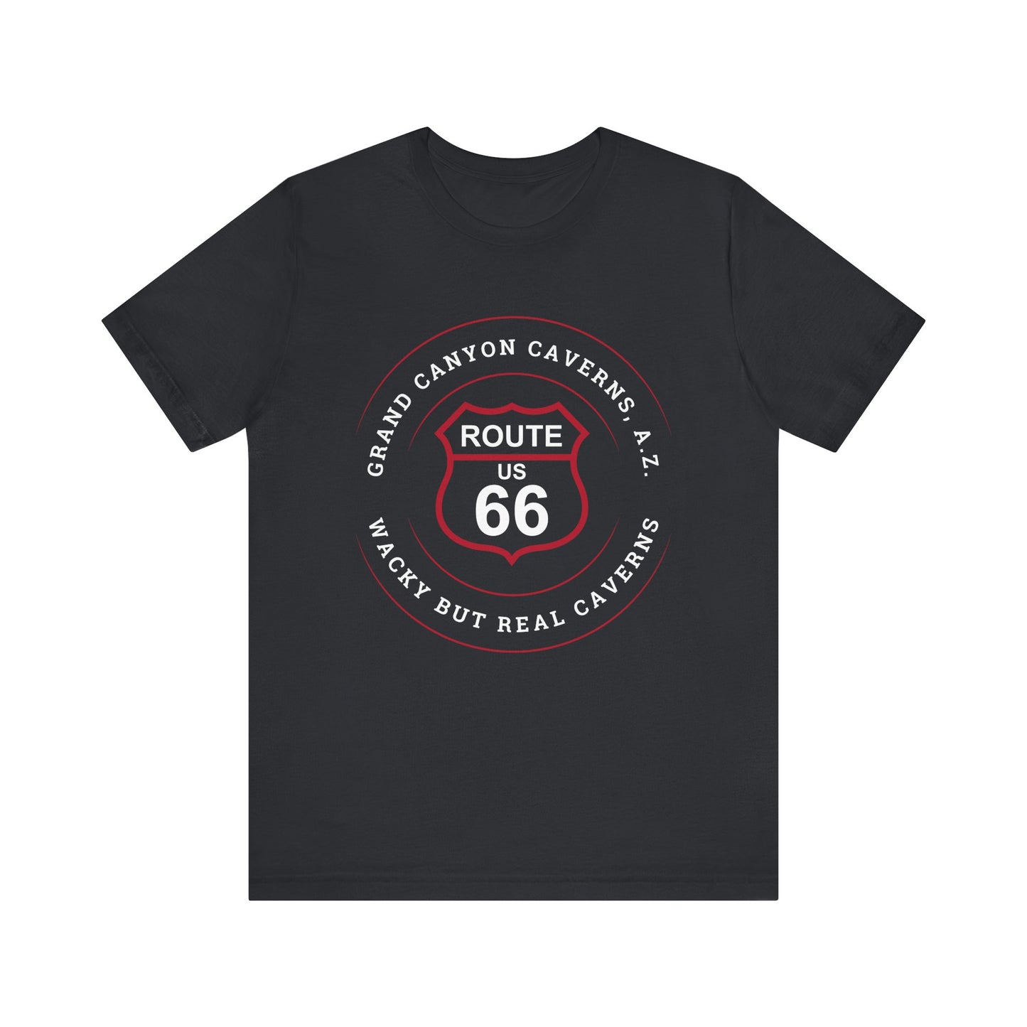 Vintage black retro Route 66 unisex jersey tee with Grand Canyon Caverns, AZ: "Wacky But Real" design