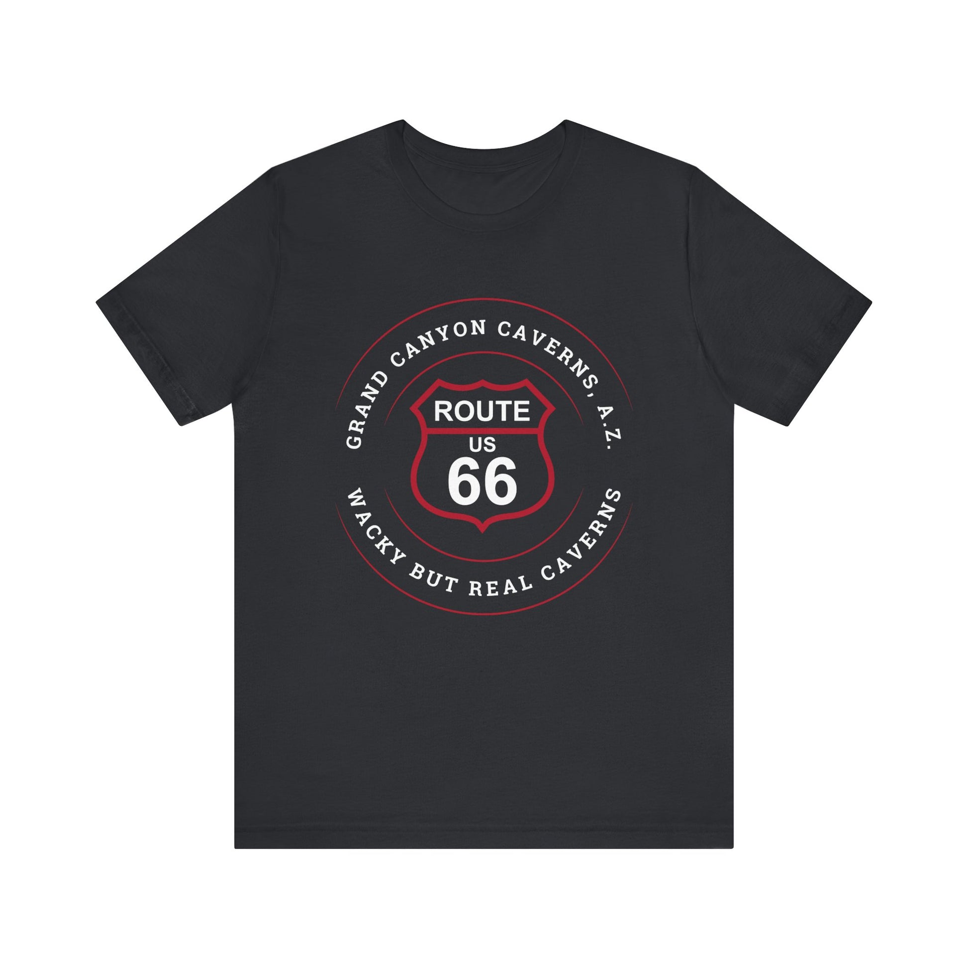 Vintage black retro Route 66 unisex jersey tee with Grand Canyon Caverns, AZ: "Wacky But Real" design