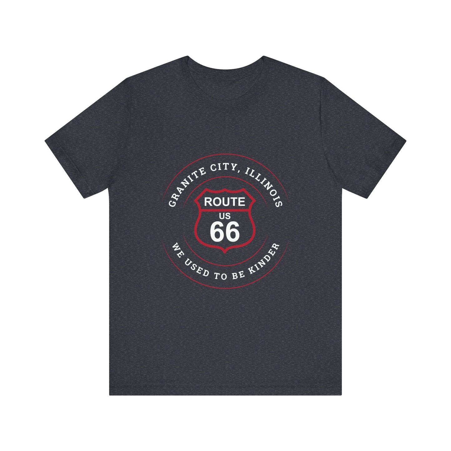 Heather navy retro Route 66 unisex jersey tee with Granite City, IL:: "We Used to be Kinder" design