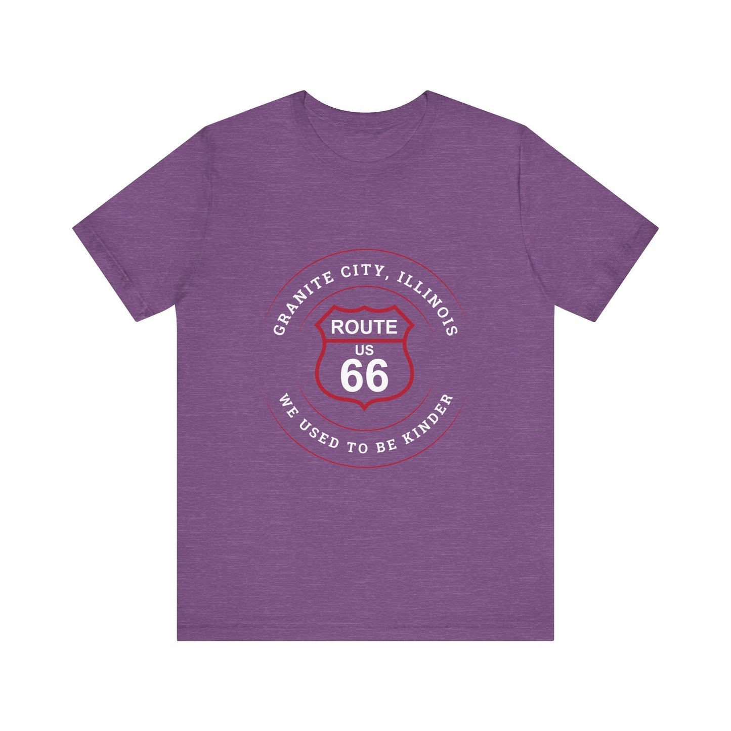 Heather team purple retro Route 66 unisex jersey tee with Granite City, IL:: "We Used to be Kinder" design