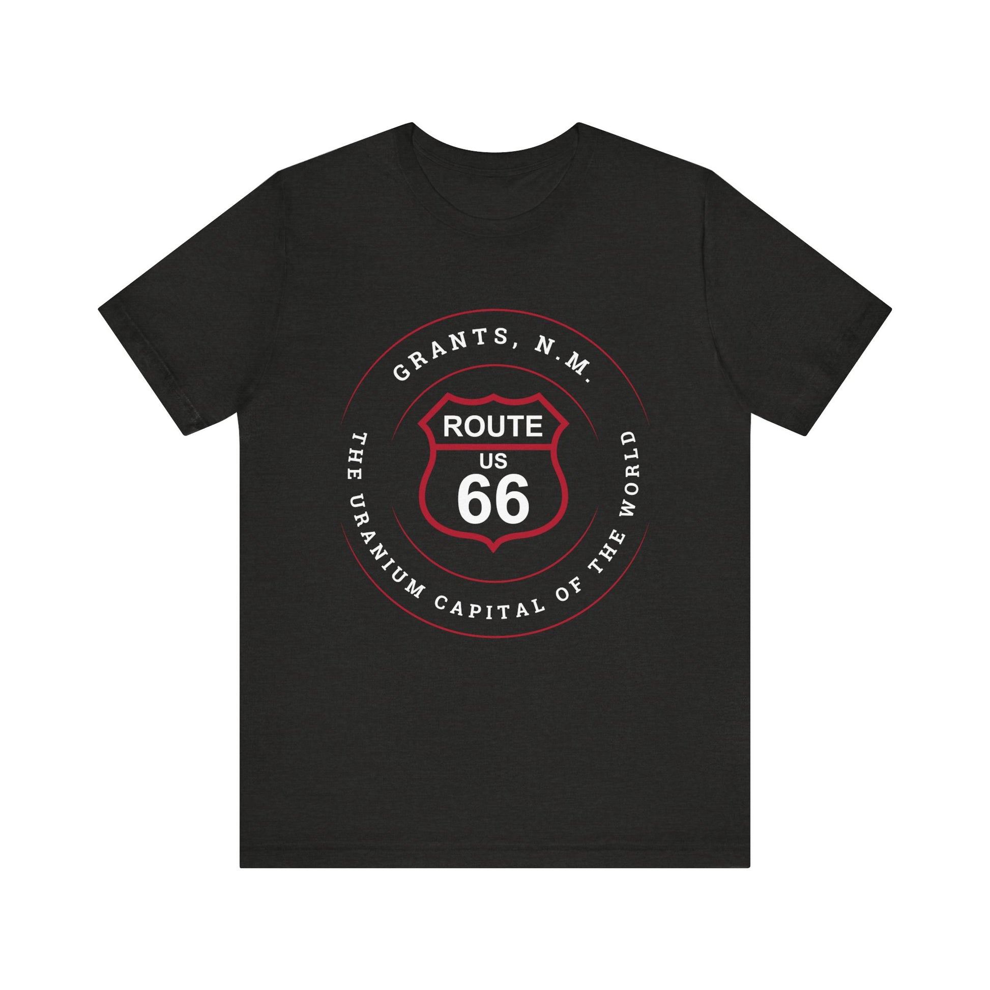 Black heather retro Route 66 unisex jersey tee with Grants, NM: "Uranium Capital of the World" design