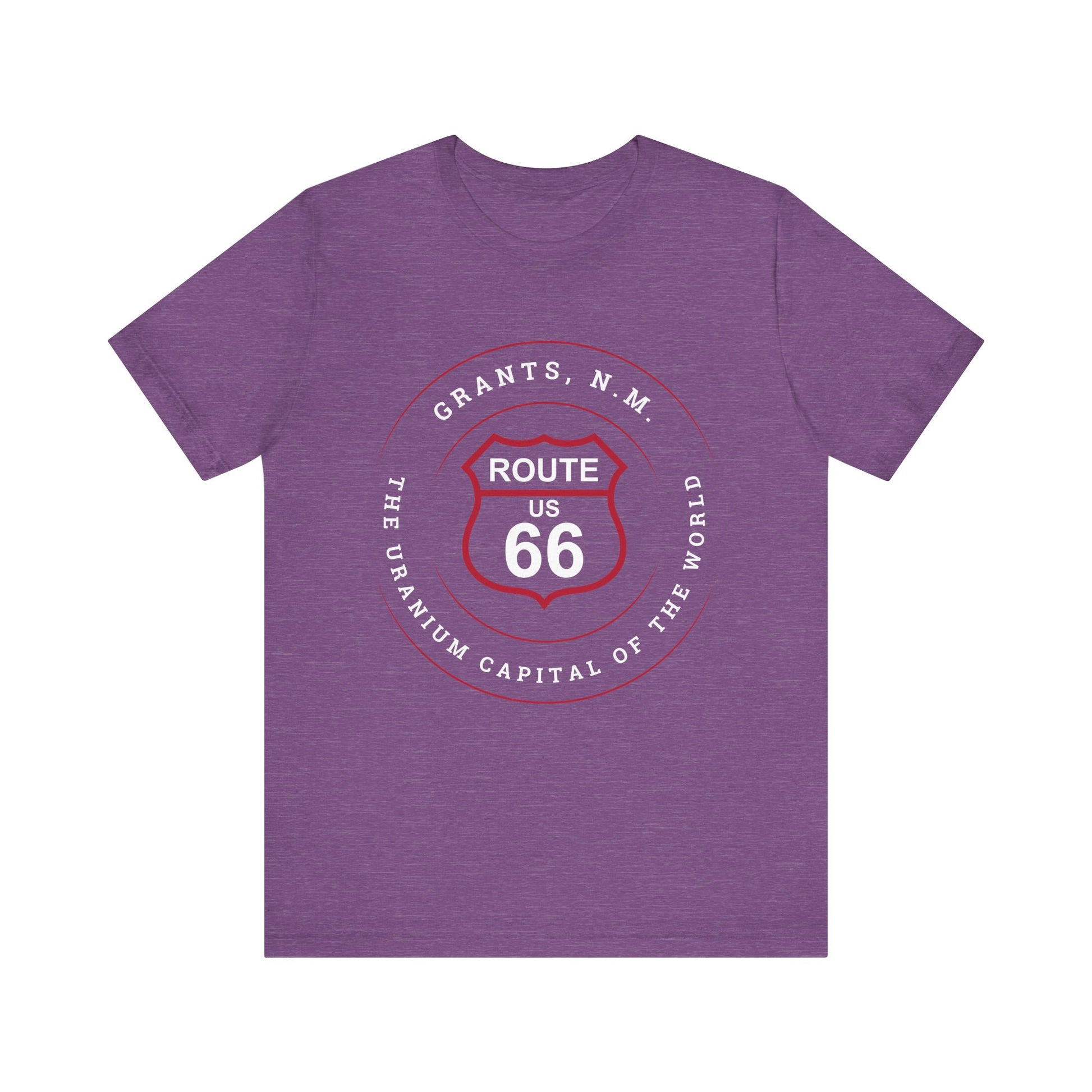 Heather team purple retro Route 66 unisex jersey tee with Grants, NM: "Uranium Capital of the World" design