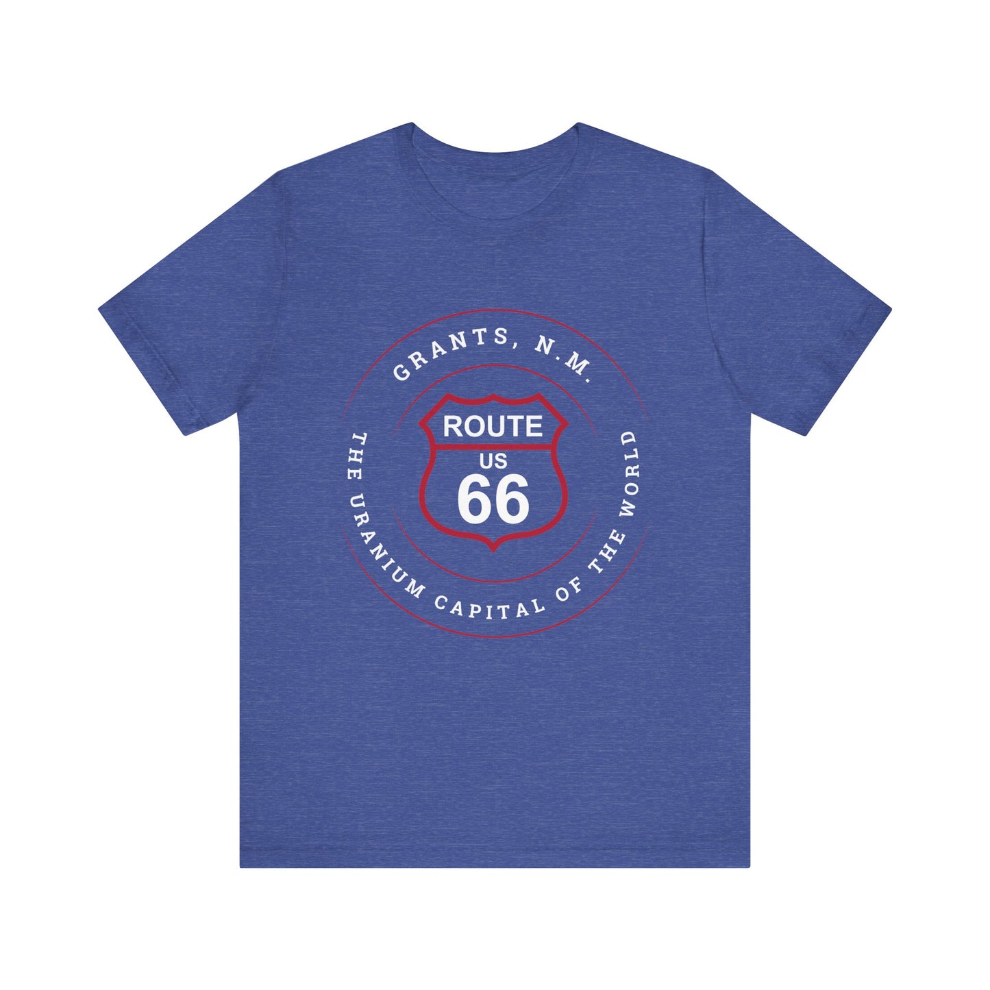 Heather true royal retro Route 66 unisex jersey tee with Grants, NM: "Uranium Capital of the World" design