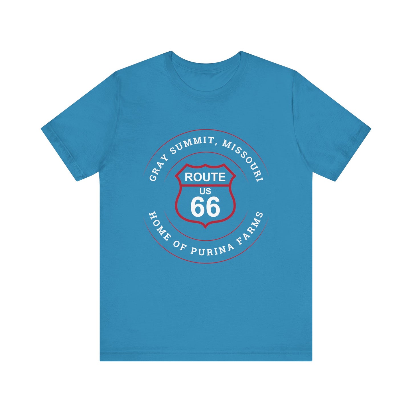 Aqua retro Route 66 unisex jersey tee with Gray Summit, MO: "Home of Purina Farms" design