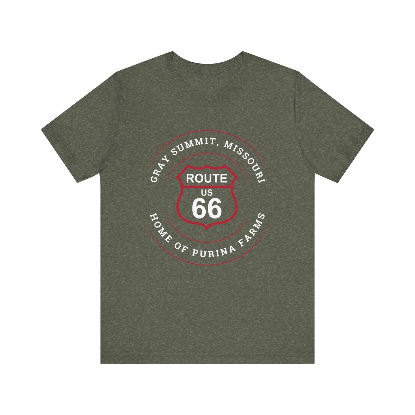 Heather military green retro Route 66 unisex jersey tee with Gray Summit, MO: "Home of Purina Farms" design