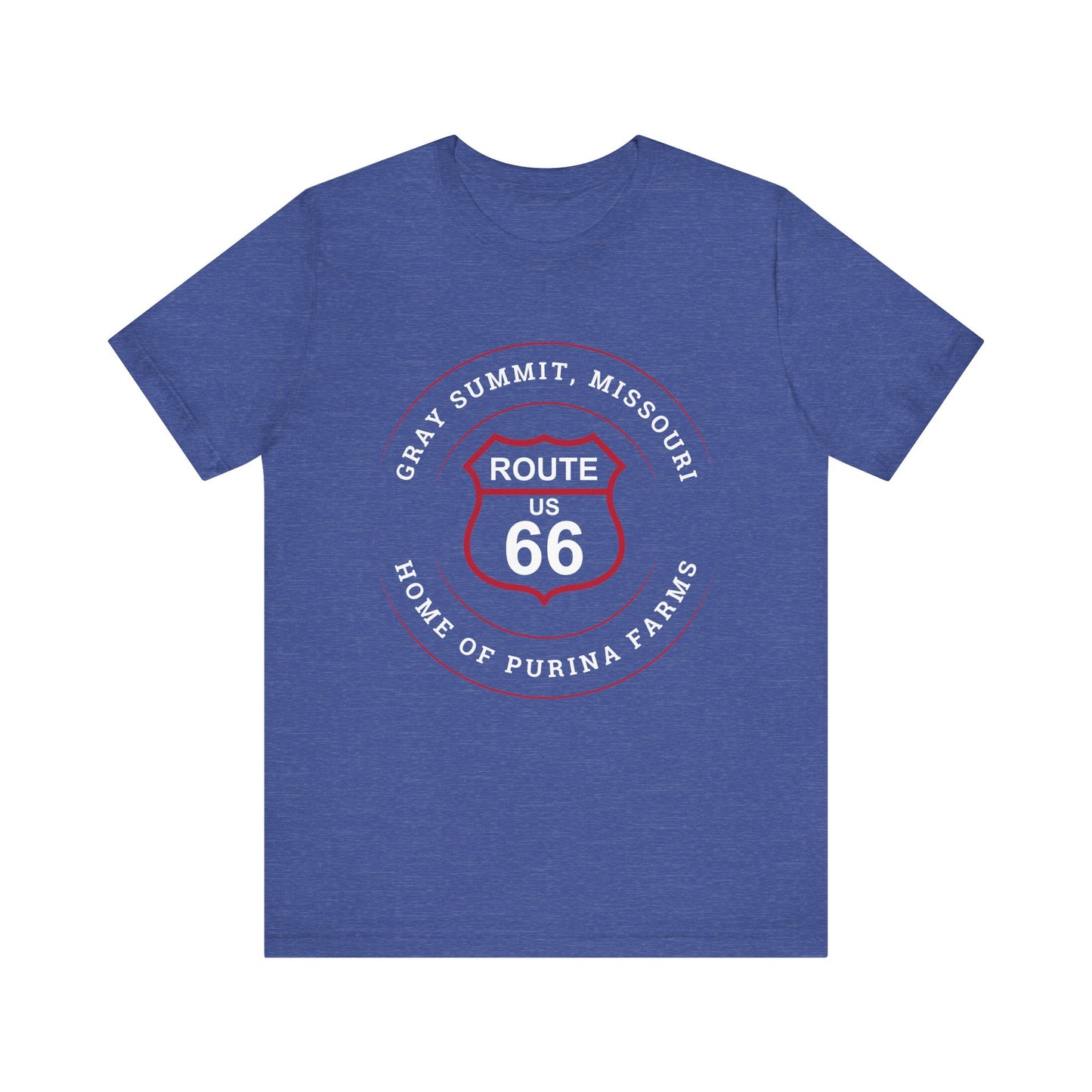 Heather true royal retro Route 66 unisex jersey tee with Gray Summit, MO: "Home of Purina Farms" design