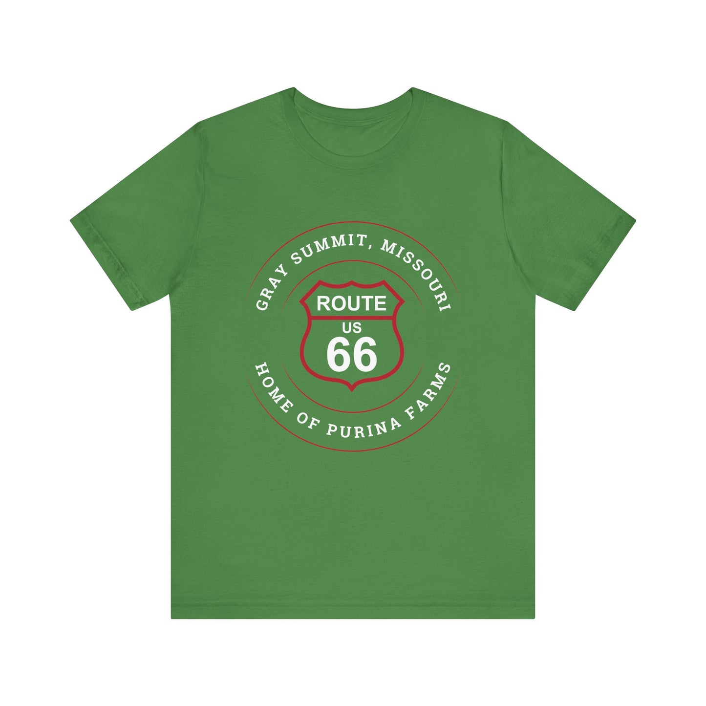 Leaf retro Route 66 unisex jersey tee with Gray Summit, MO: "Home of Purina Farms" design