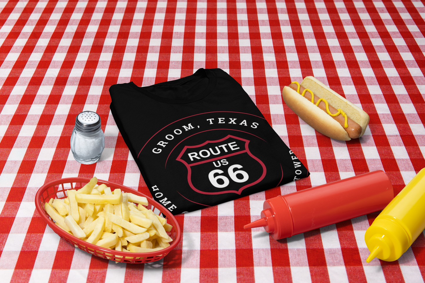 Folded black retro Route 66 unisex jersey tee with Groom, TX: Home of the Leaning Tower graphic on a red-and-white checkered tablecloth, surrounded by a basket of fries, a salt shaker, a hot dog, and ketchup and mustard bottles