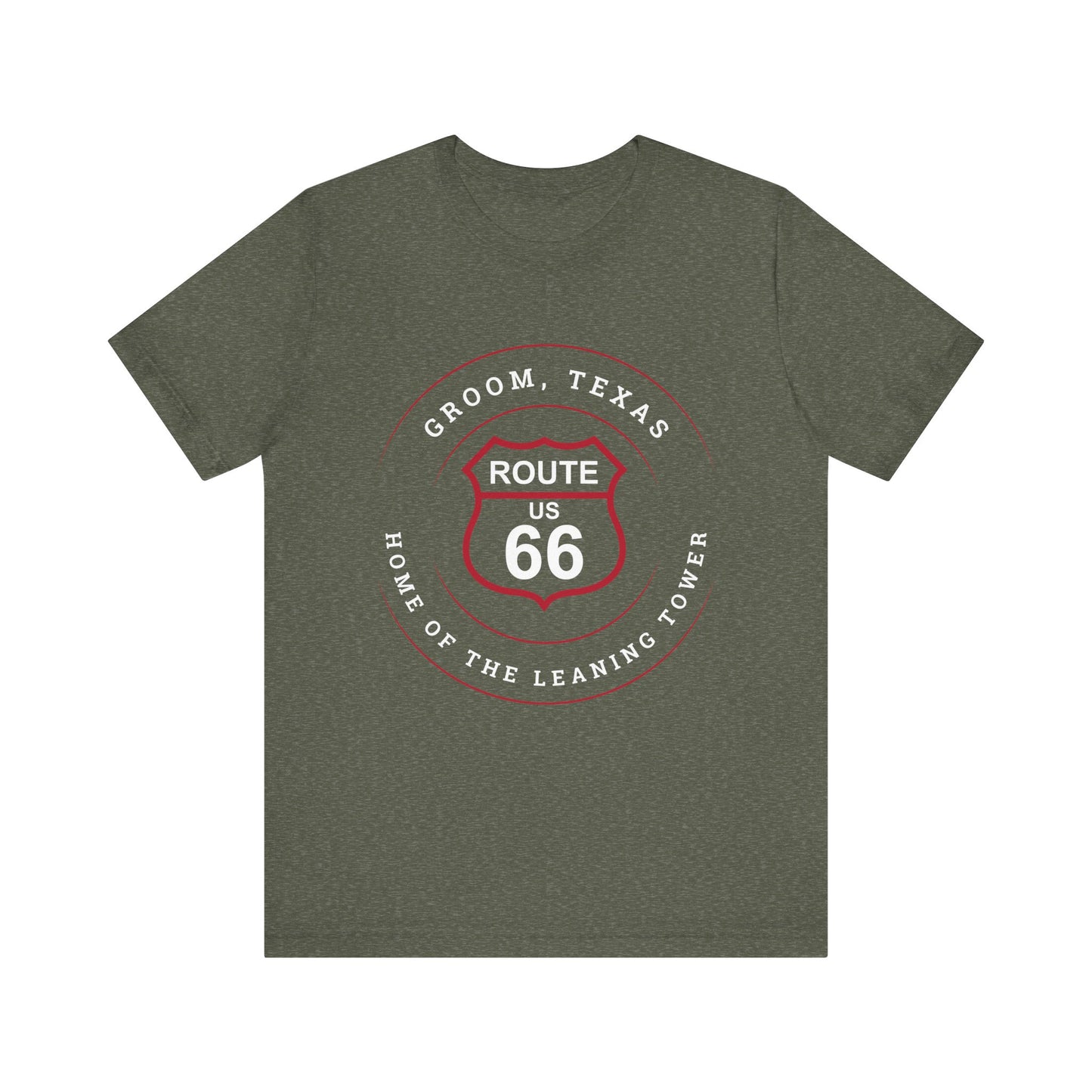 Heather military green retro Route 66 unisex jersey tee with Groom, TX: Home of the Leaning Tower design