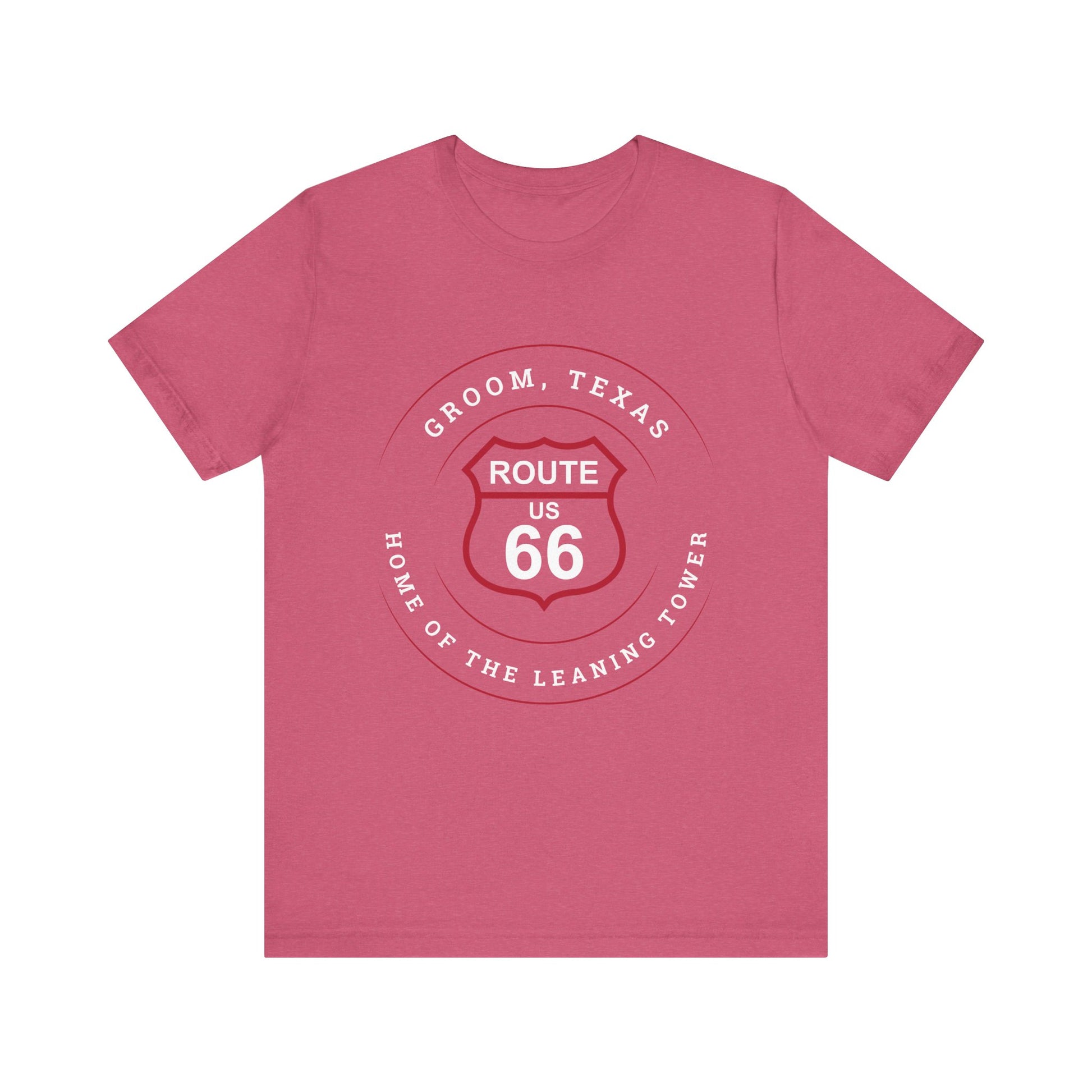 Heather Raspberry retro Route 66 unisex jersey tee with Groom, TX: Home of the Leaning Tower design
