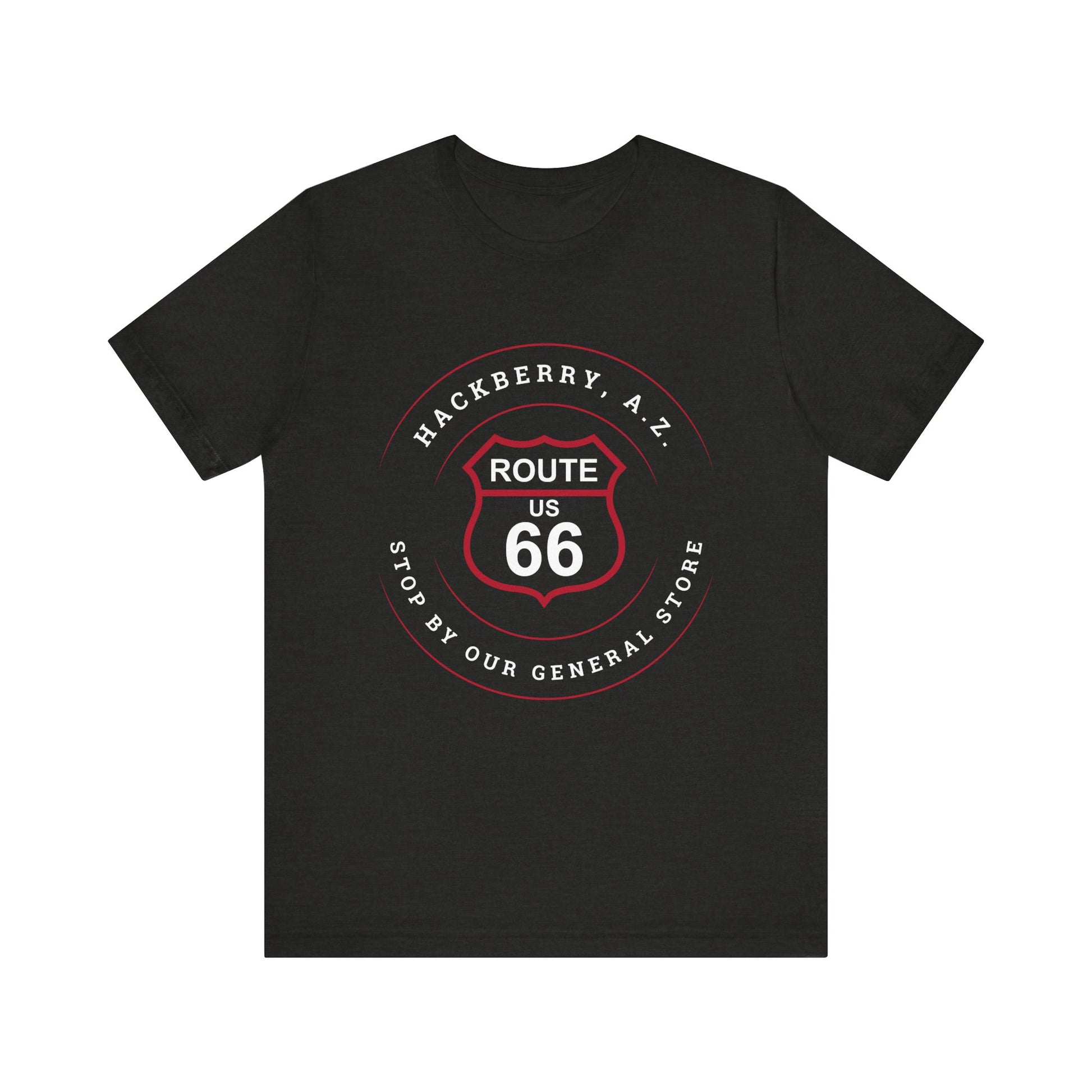 Black heather retro Route 66 unisex jersey tee with Hackberry, AZ: "Stop by our General Store" design