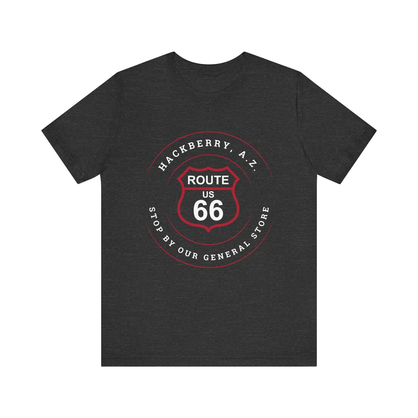 Dark grey heather retro Route 66 unisex jersey tee with Hackberry, AZ: "Stop by our General Store" design