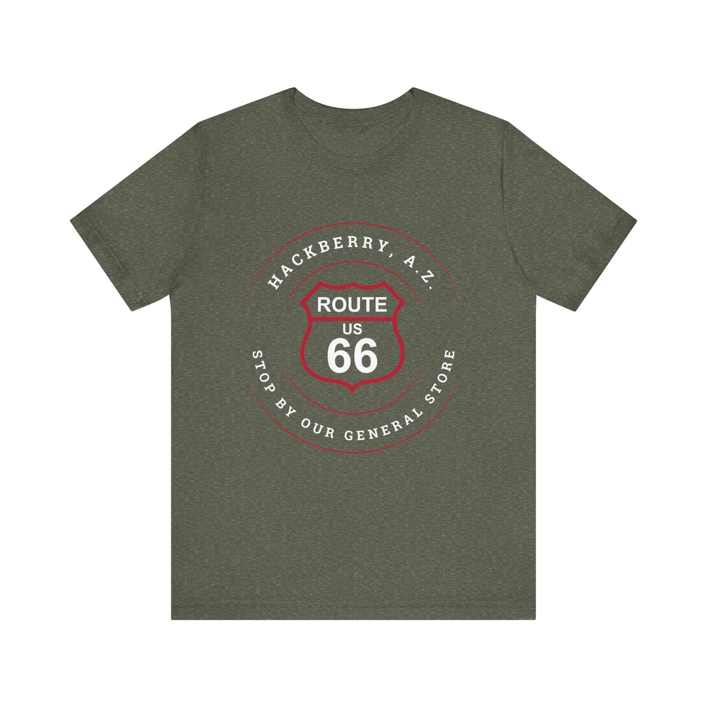 Heather military green retro Route 66 unisex jersey tee with Hackberry, AZ: "Stop by our General Store" design