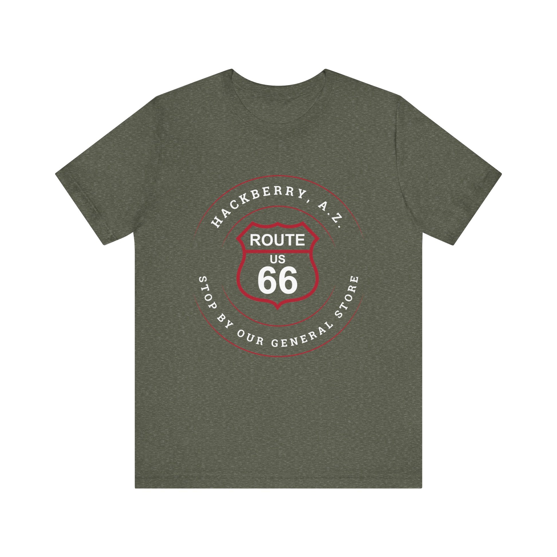 Heather military green retro Route 66 unisex jersey tee with Hackberry, AZ: "Stop by our General Store" design