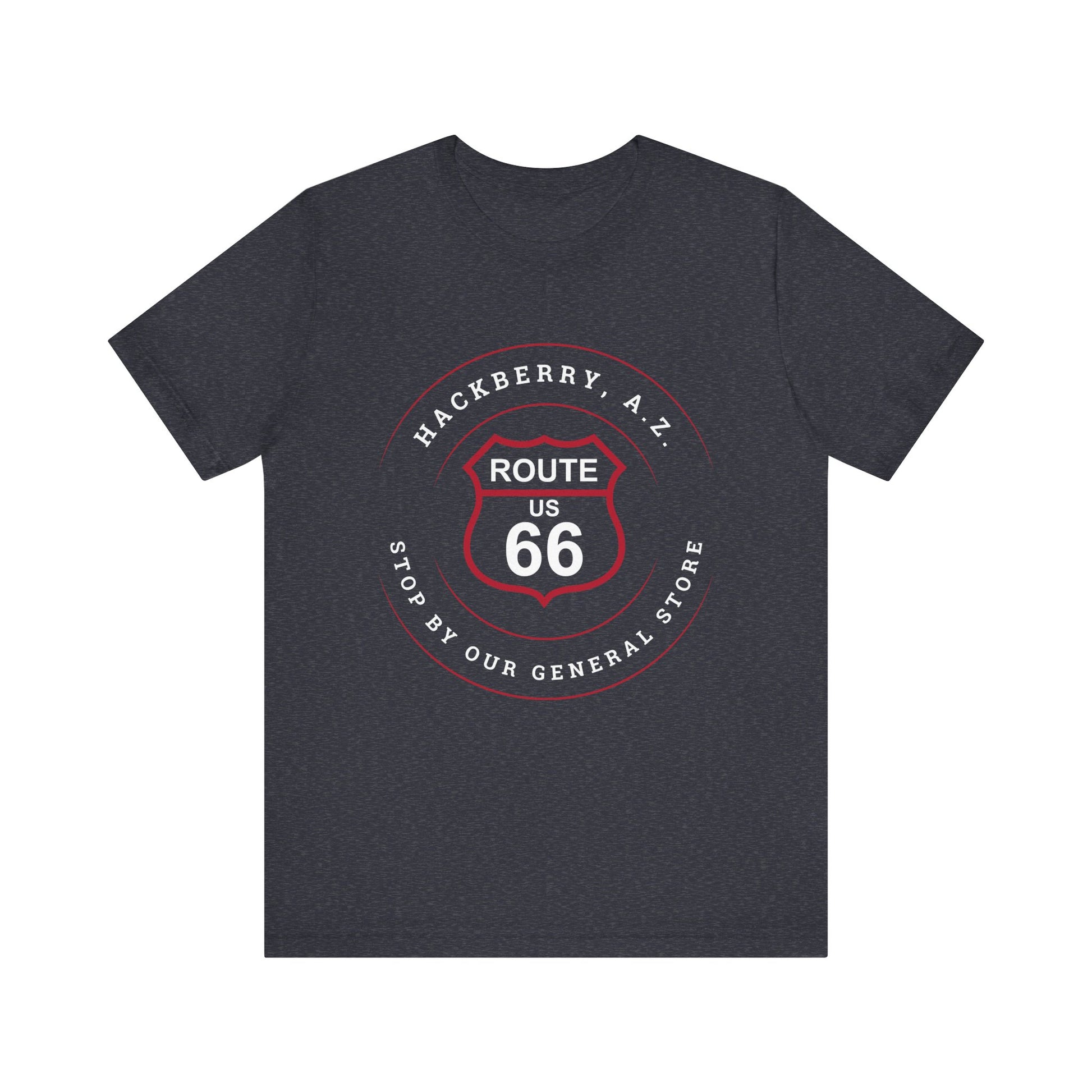 Heather navy retro Route 66 unisex jersey tee with Hackberry, AZ: "Stop by our General Store" design