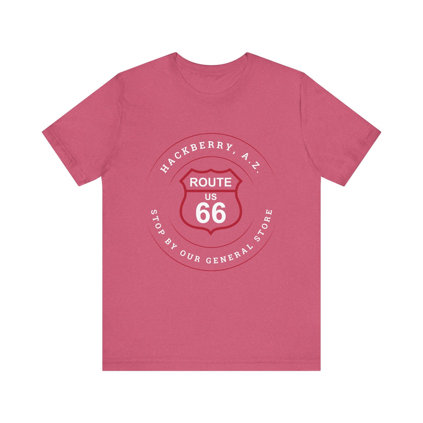 Heather raspberry retro Route 66 unisex jersey tee with Hackberry, AZ: "Stop by our General Store" design