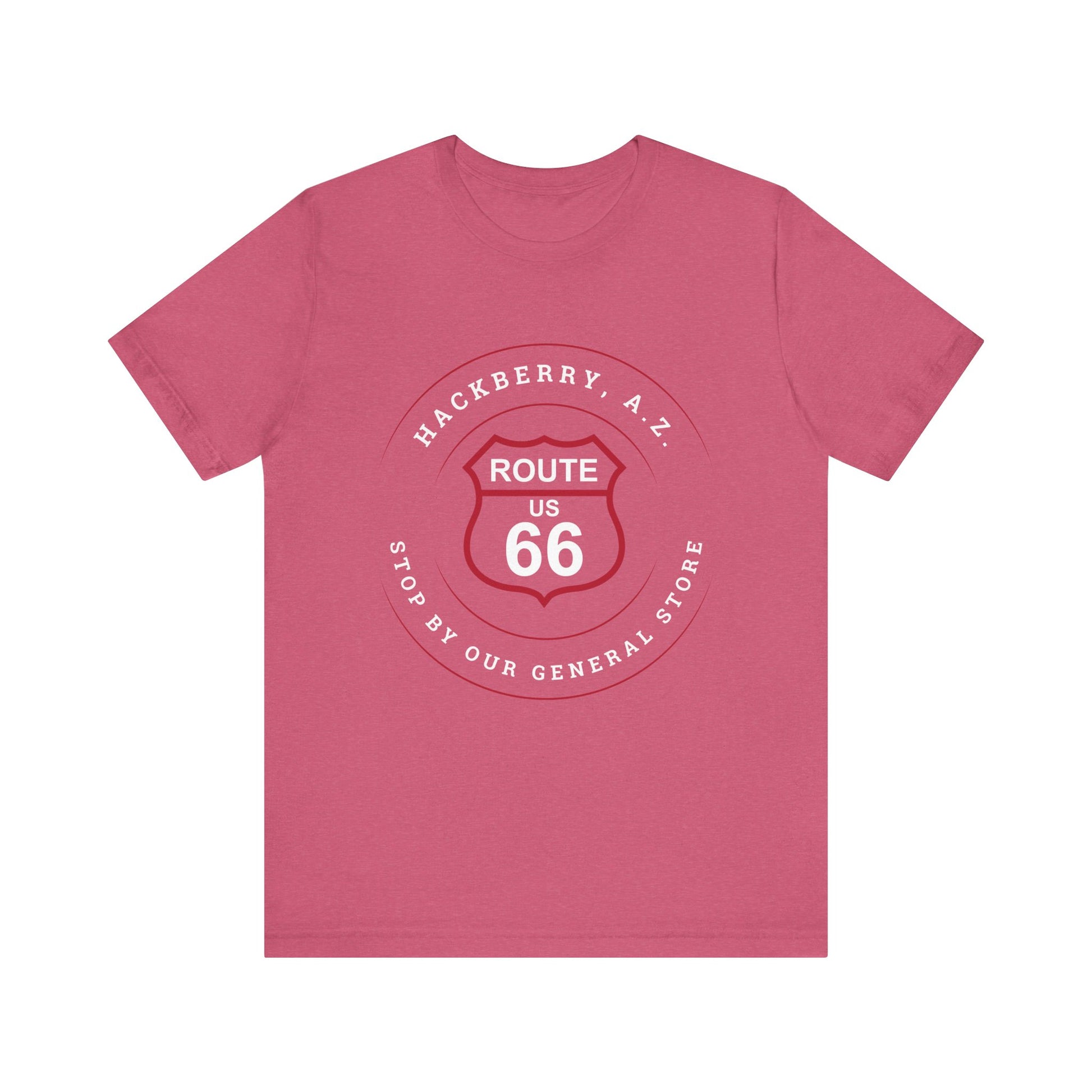 Heather raspberry retro Route 66 unisex jersey tee with Hackberry, AZ: "Stop by our General Store" design