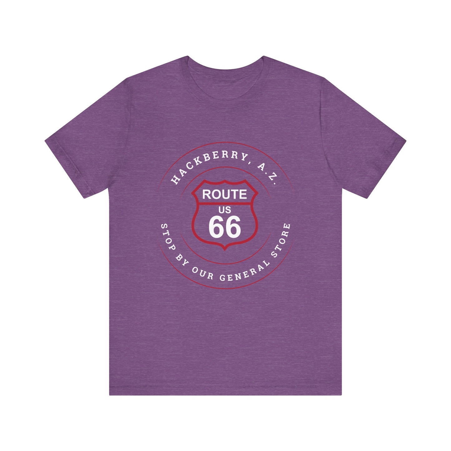 Heather team purple retro Route 66 unisex jersey tee with Hackberry, AZ: "Stop by our General Store" design
