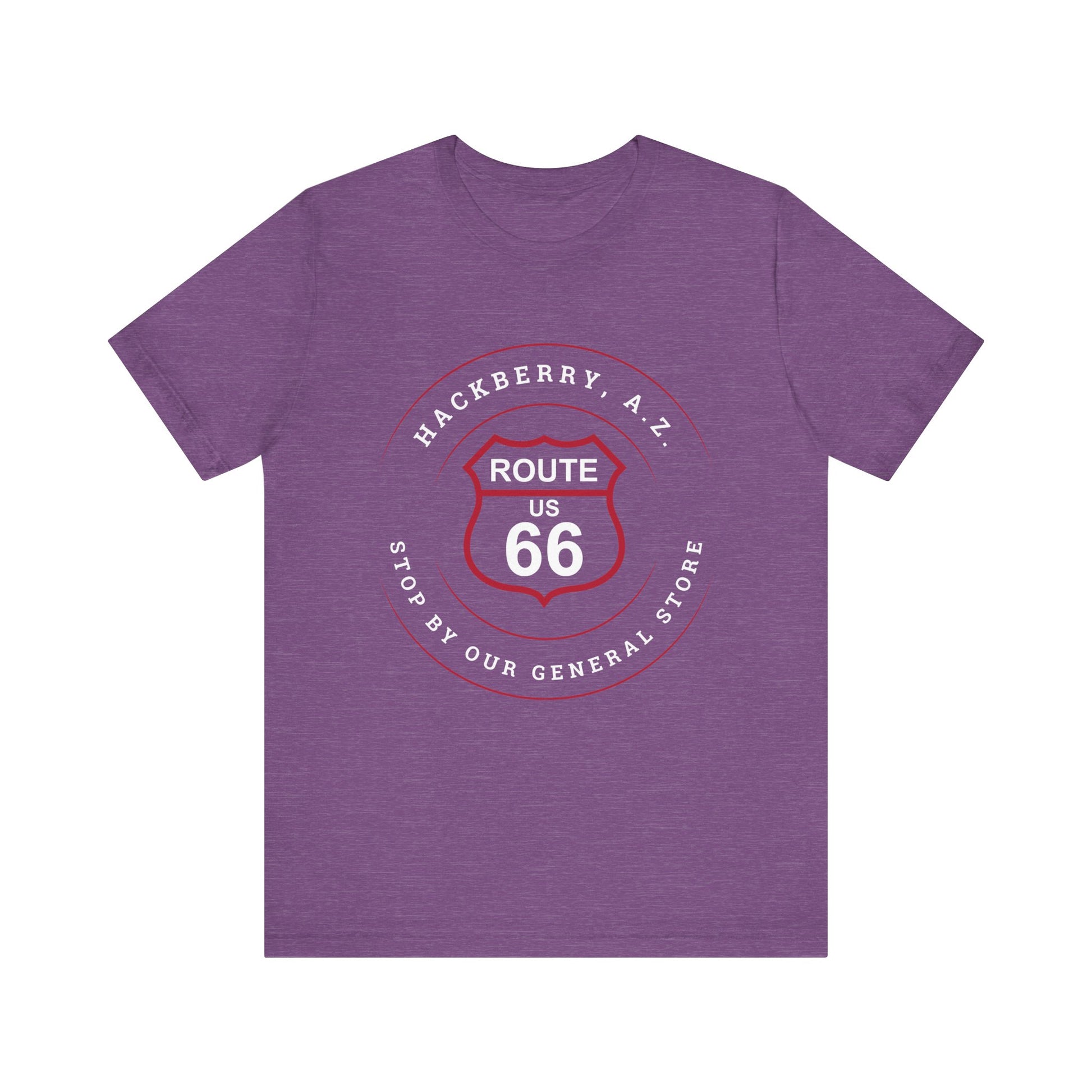 Heather team purple retro Route 66 unisex jersey tee with Hackberry, AZ: "Stop by our General Store" design