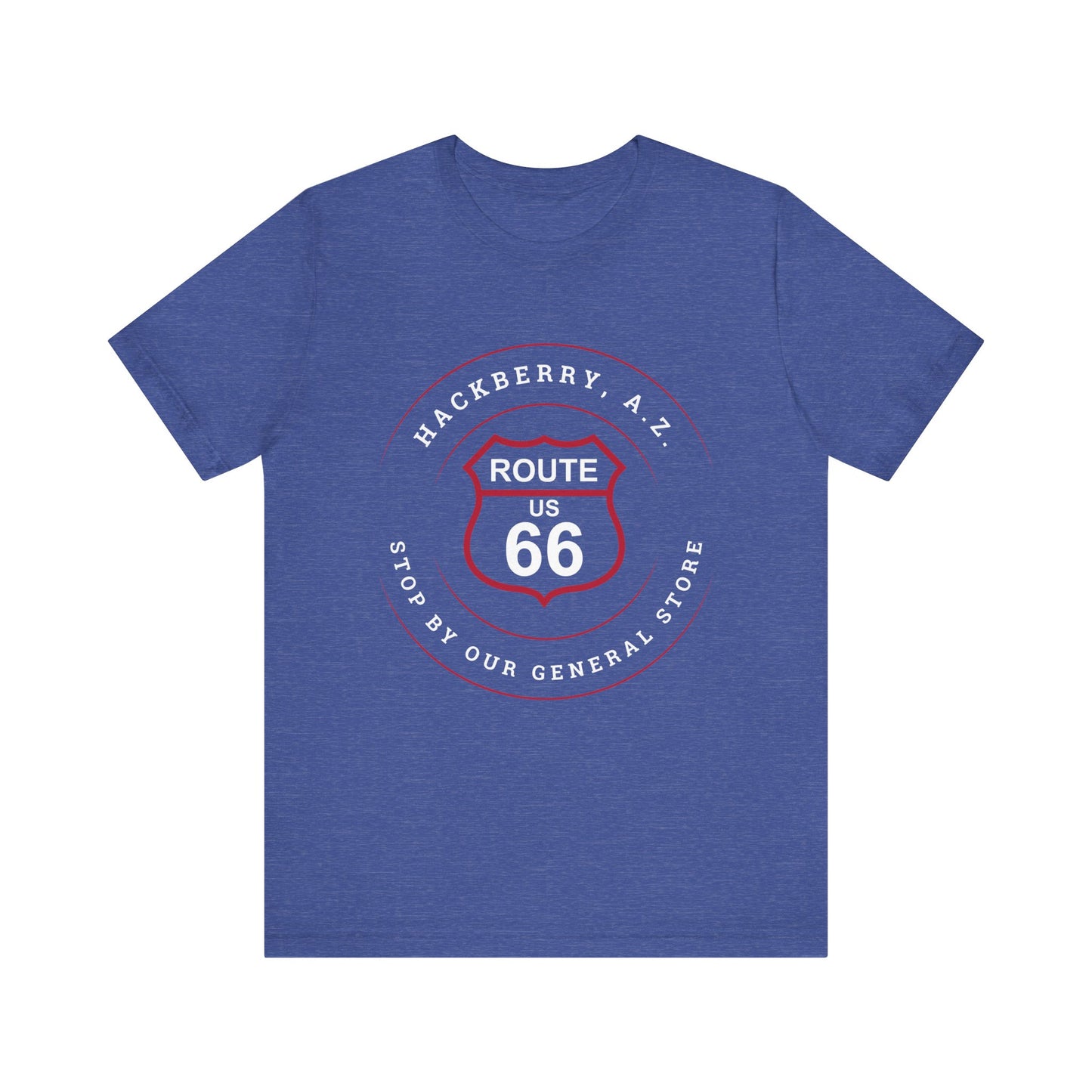 Heather true royal retro Route 66 unisex jersey tee with Hackberry, AZ: "Stop by our General Store" design