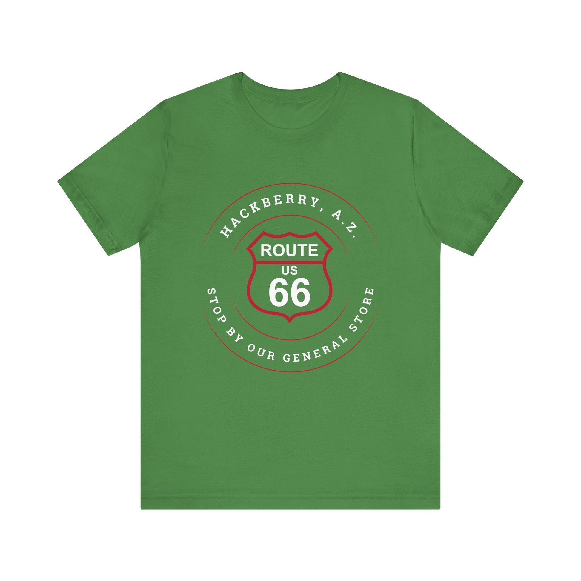 Leaf retro Route 66 unisex jersey tee with Hackberry, AZ: "Stop by our General Store" design