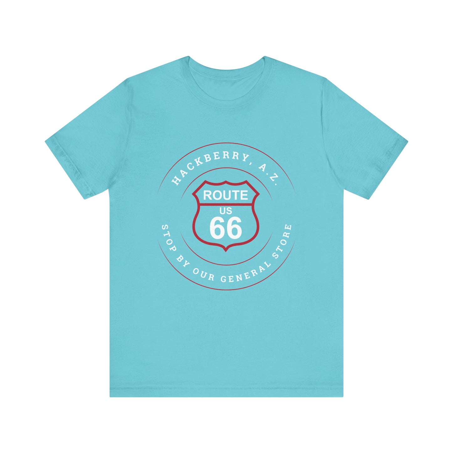 Turquoise retro Route 66 unisex jersey tee with Hackberry, AZ: "Stop by our General Store" design